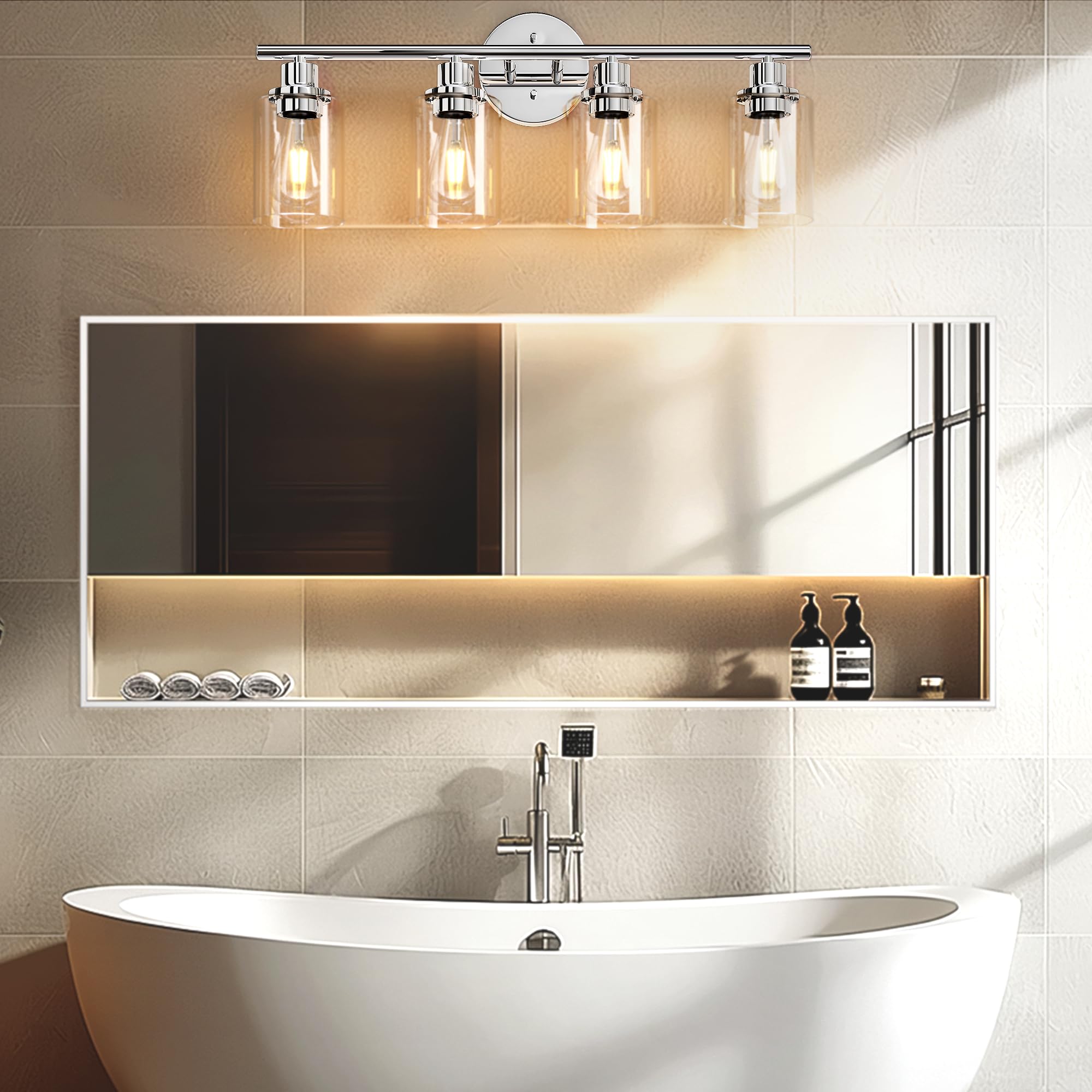 Weyderk Chrome Bathroom Vanity Light - 4 Light Bathroom Light Fixture With Clear Glass Shades, Ul Certification & E26 Base, Chrome Bathroom Vanity Lights Over Mirror For Bathroom