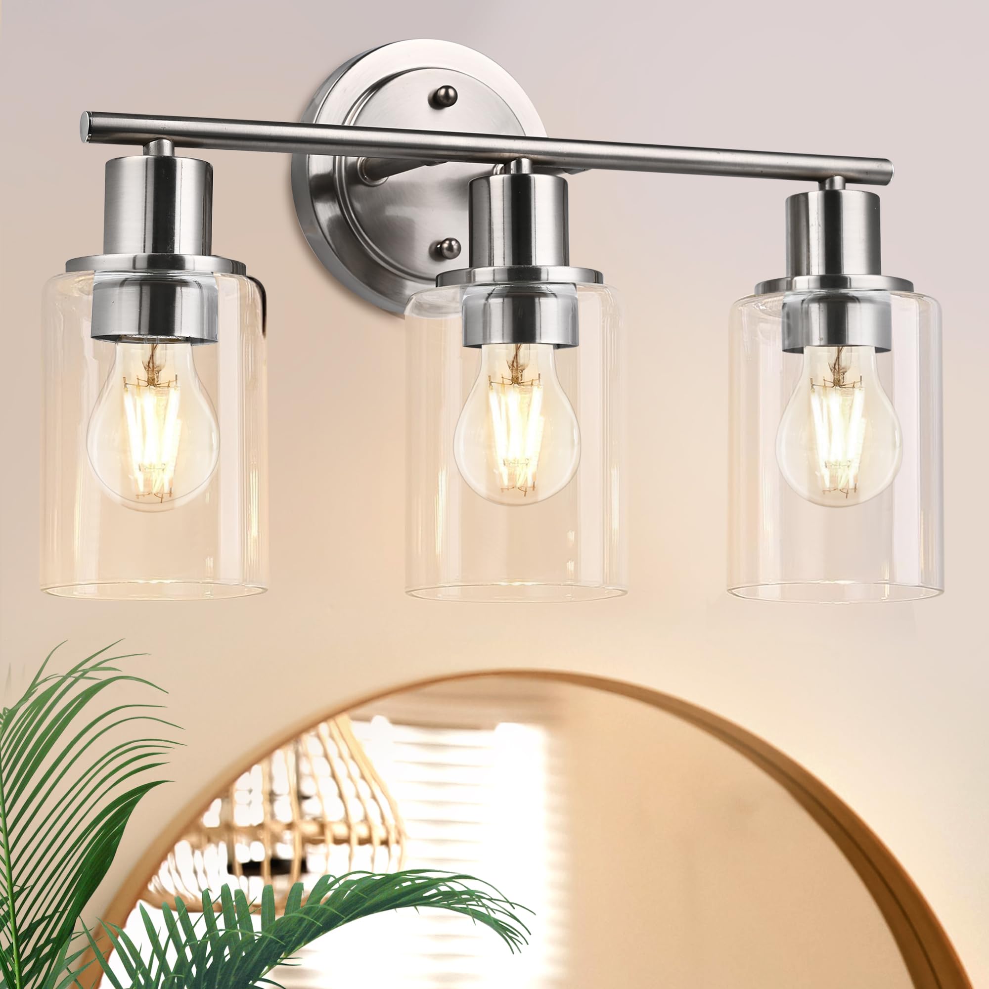 Faymart Lighting Brushed Nickel 3-Light Vanity Light Fixture, Glass and Metal, Model FML-BN-3L-W-S