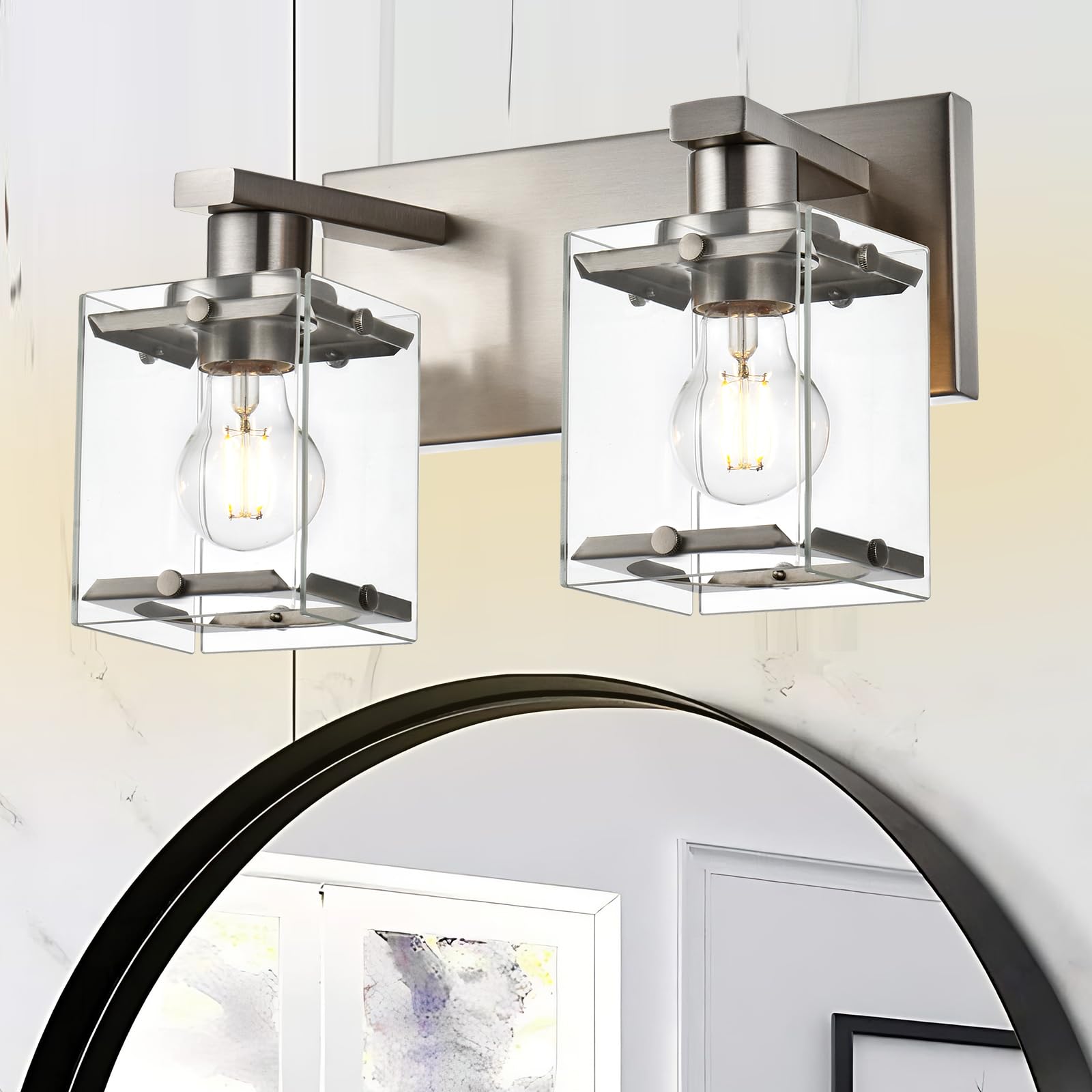 WINSHEN 2-Lights Wall Sconce Lighting E26 Bulb Base  Modern Brushed Nickel Bathroom Vanity Light for Over Mirror Bedroom Cabinet  Wall Light Fixtures with Clear Glass Shades