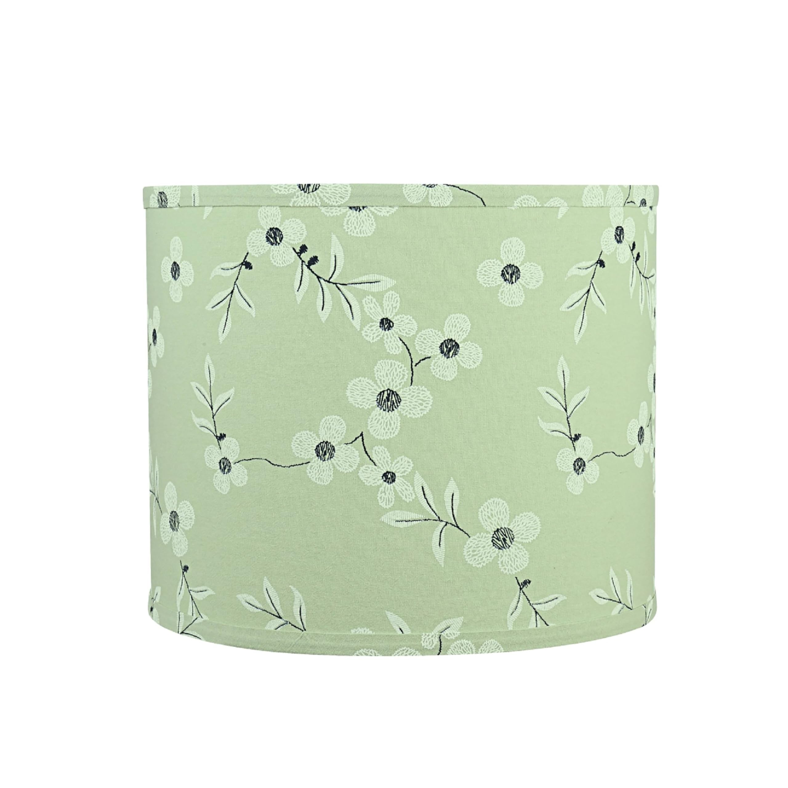 Aspen Creative Drum Lamp Shade, 12in Wide, Tea Green with White Flowers, Model 31102, Printed Fabric