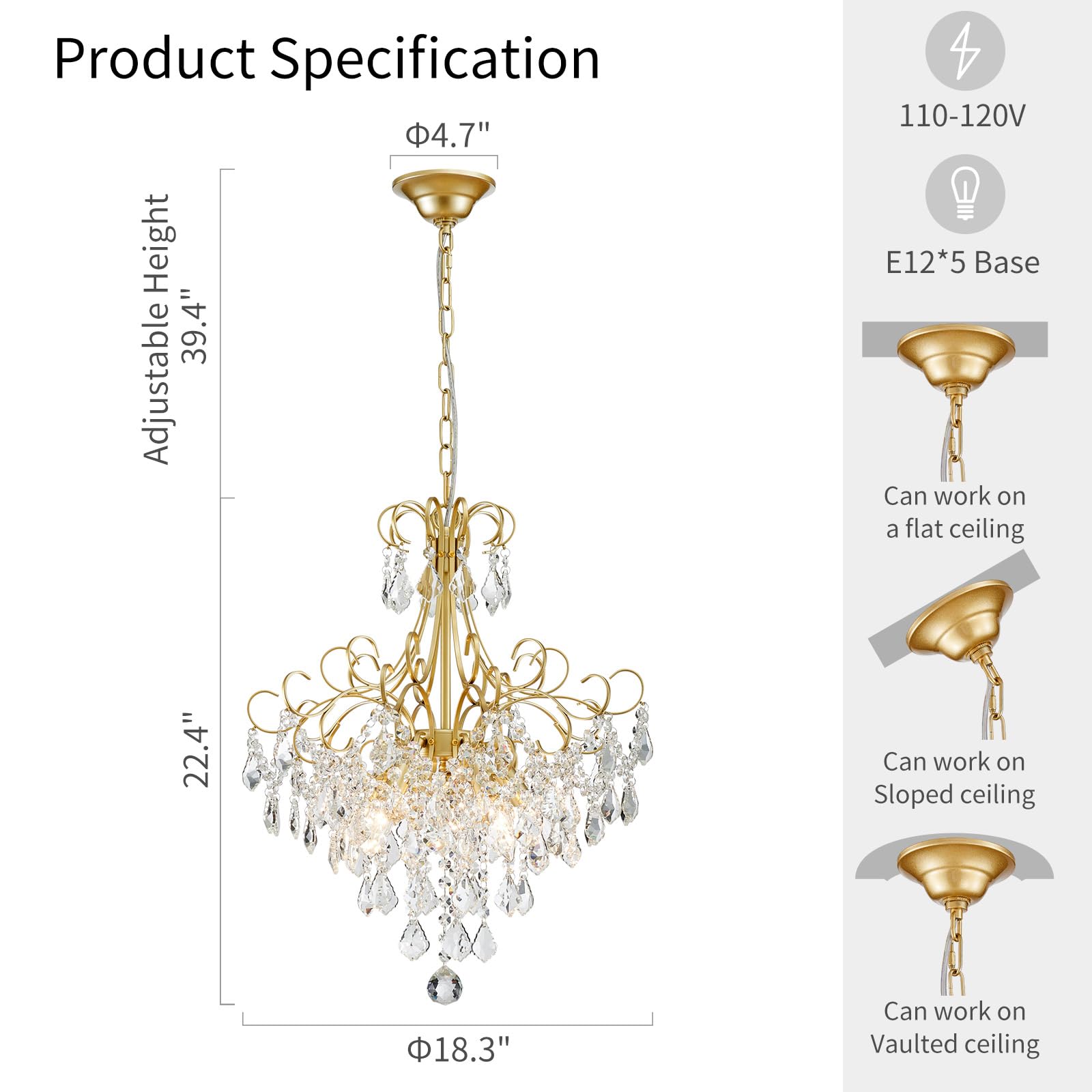 WUZUPS 5-Light Crystal Chandelier Pendant Light, 22.4" High, Gold Metal Fixture for Dining Room, Hallway, Bedroom, Kitchen, Model USHD30502G-5