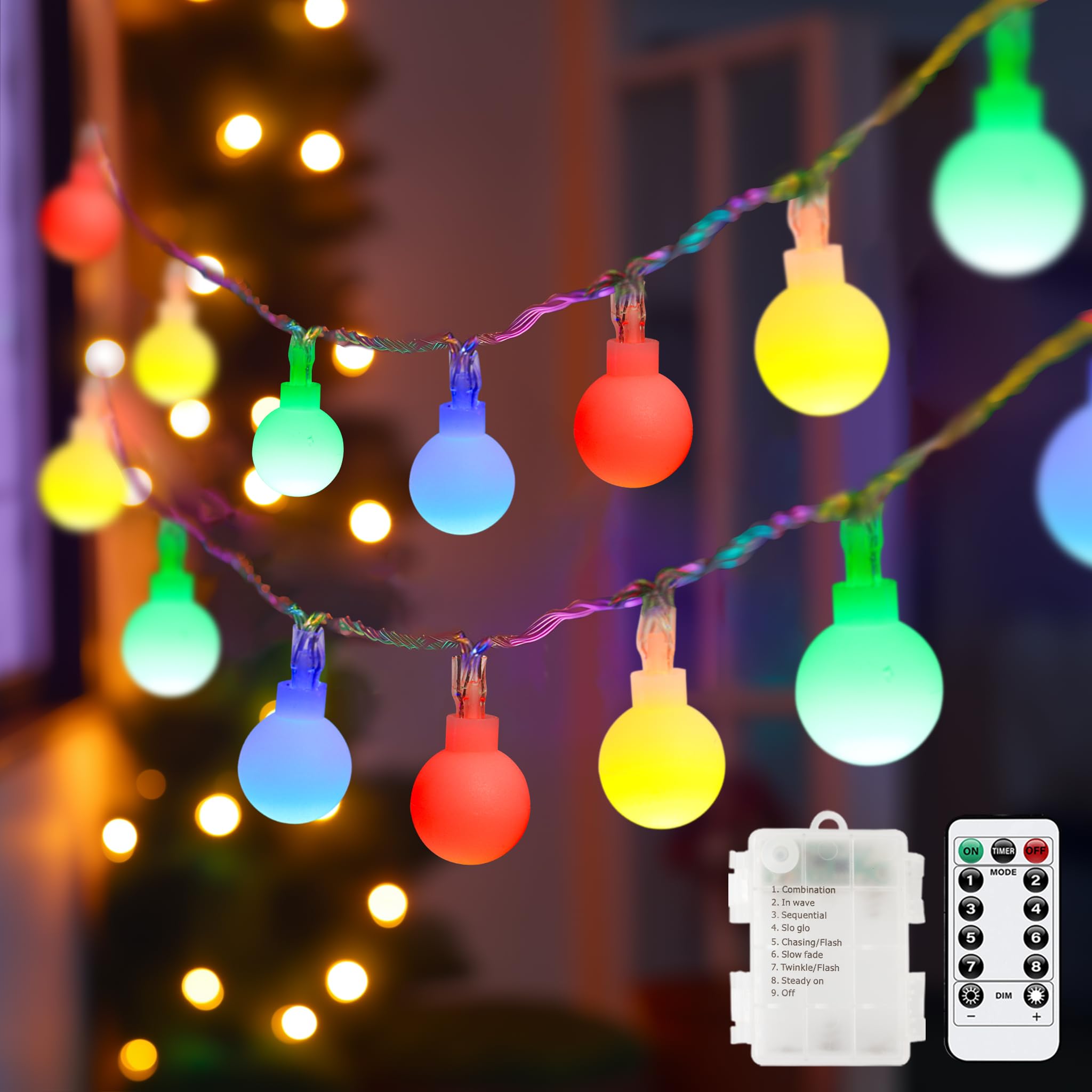 Tasodin Mini Globe String Lights, 64 LED, Battery Operated with Remote, 26 FT, Multicolor, Model YBL-002