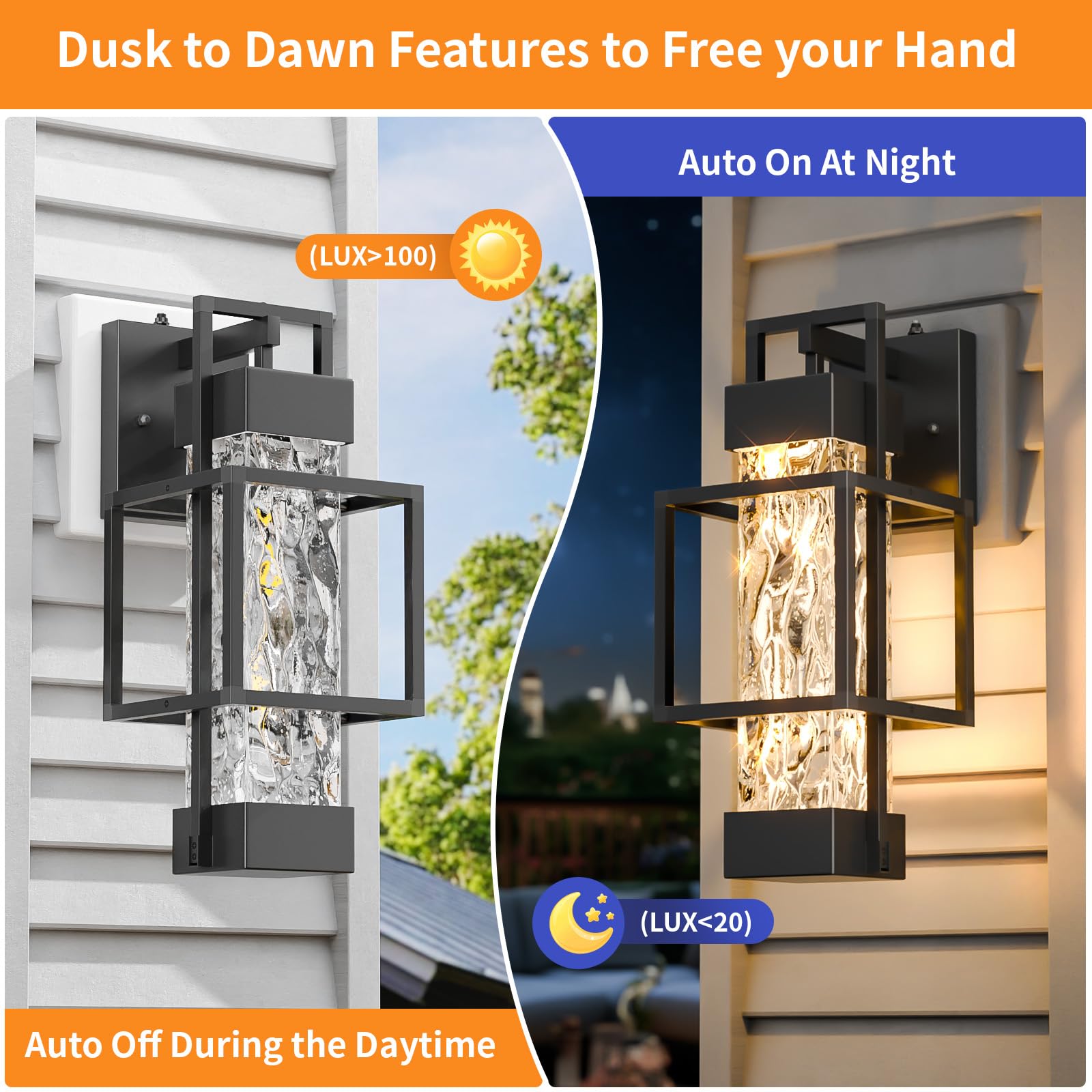 Hotsonic Outdoor Porch Light Fixtures, 14'' Dimmable Waterproof Wall Lanterns, Black, Large, Model HS-018, 2 Pack
