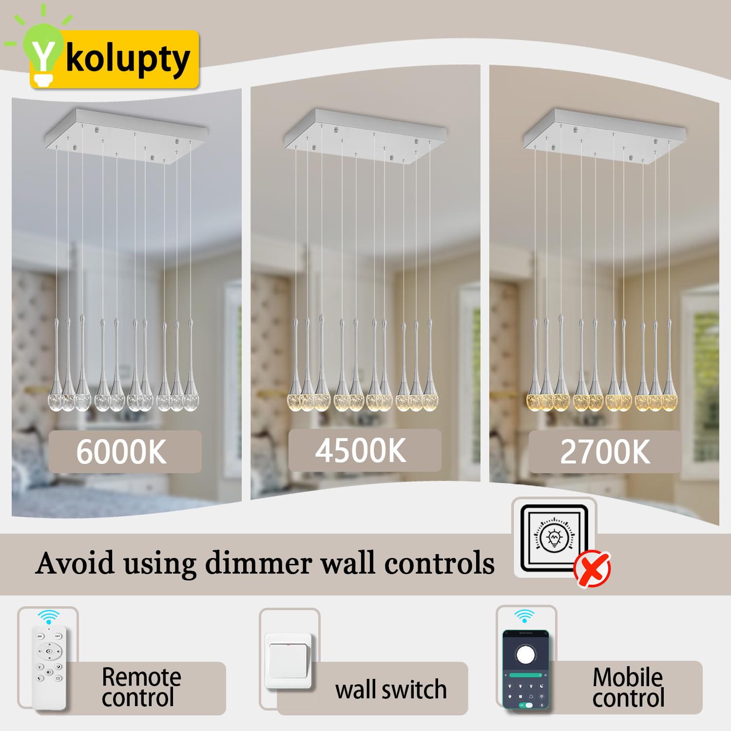 Ykolupty Rectangular Chandeliers For Living Room Silver Dining Room Lights Fixture Raindrop Pendant Lights Kitchen Island Crysta