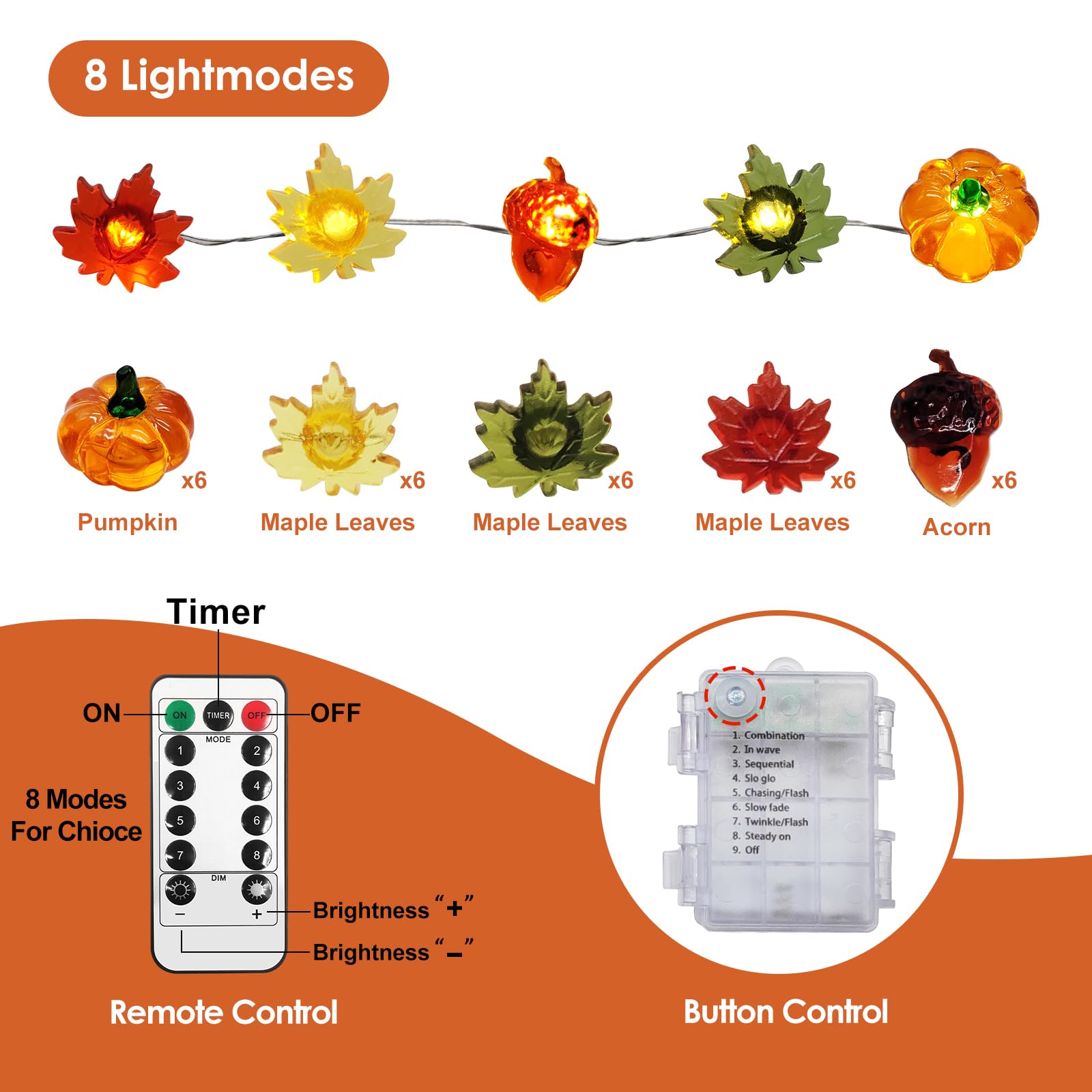 Thanksgiving Fall Lights Decoration 10Ft 30 Led 3D Pumpkin Maple Leaf Acorn Battery/Usb Operated With Remote Fall Halloween Lights Pumpkin Decor Fall Garland Lights Indoor Outdoor Thanksgiving Decor