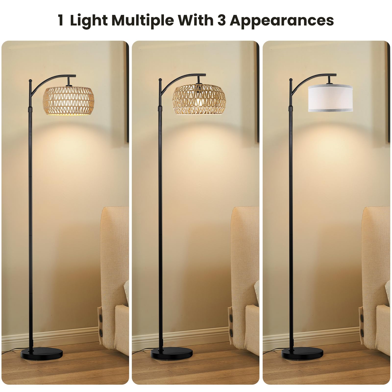 Yusist Arc Floor Lamp For Living Room,Farmhouse Floor Lamps With Remote Control & Dimmable Bulb, Boho Rattan Tall Standing Lamp