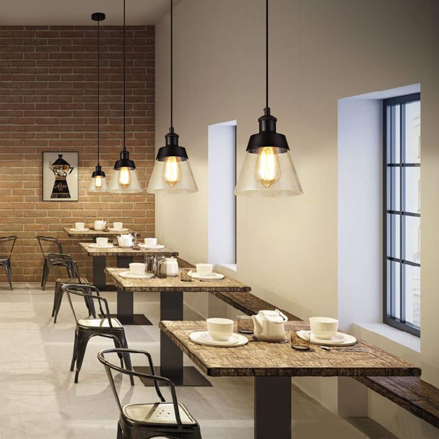 Fivess Lighting Industrial Glass Pendant Light, Mini Pendant, Black Metal, Adjustable, Handblown Clear Seeded Glass Shade