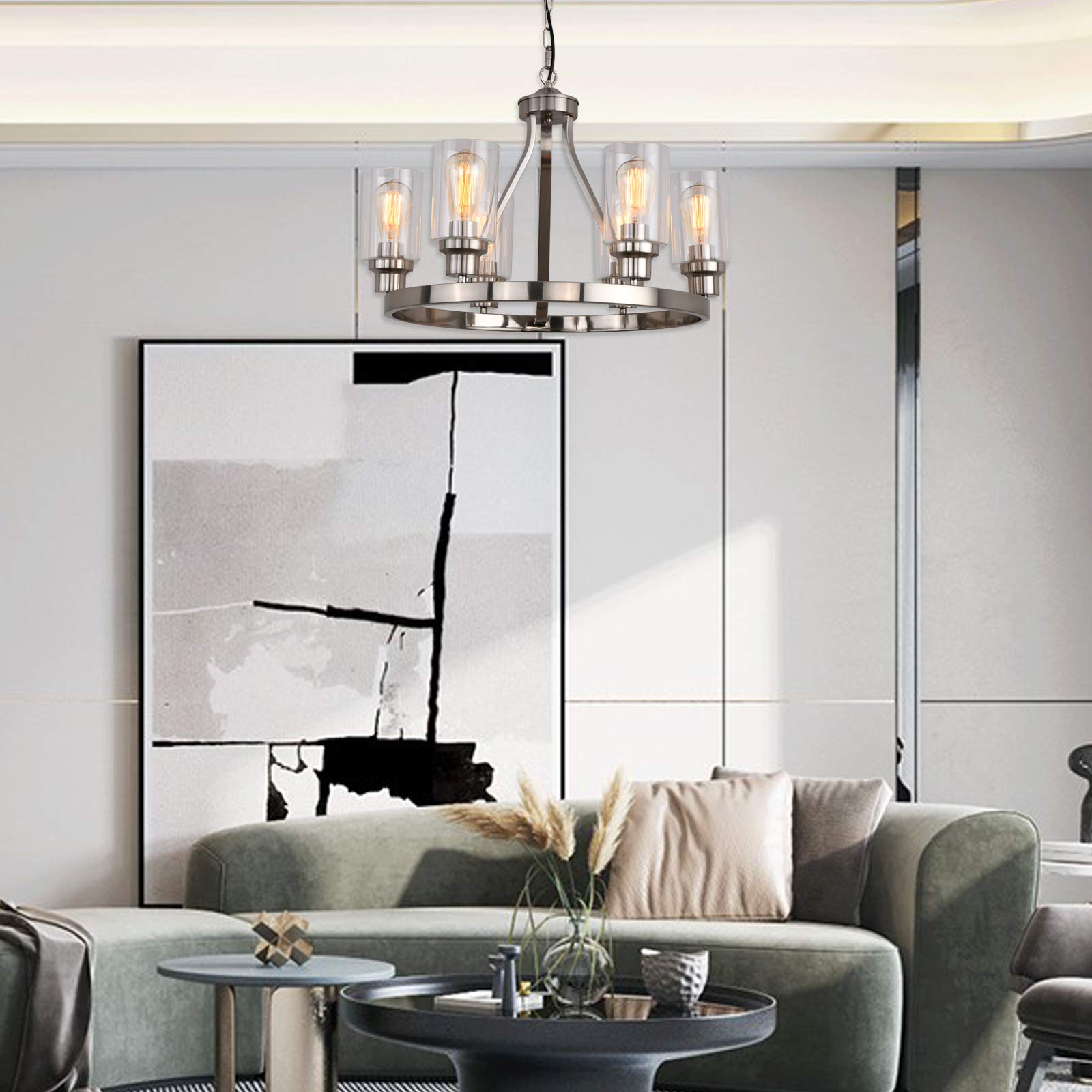 Sivilynus Dining Room Lighting Fixtures Hanging Brushed Nickel Kitchen Modern Chandelier Over Tables 6 Light With Glass Pendant