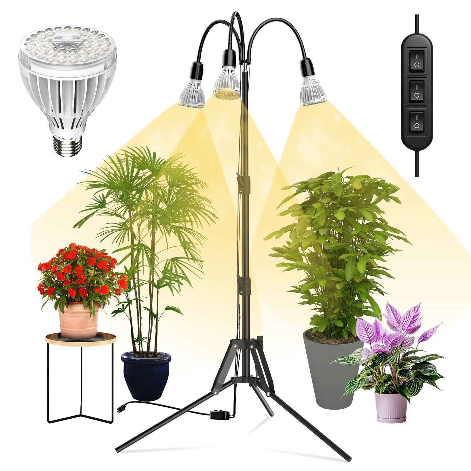 SANSI Grow Lights for Indoor Plants  96W Full Spectrum Grow Light  No Dimmable 35-64 inches Detachable Tripod Standing Grow Lights  High PPFD 3 Pack of Par25 32W Bulb Plant Lights for Indoor Growing