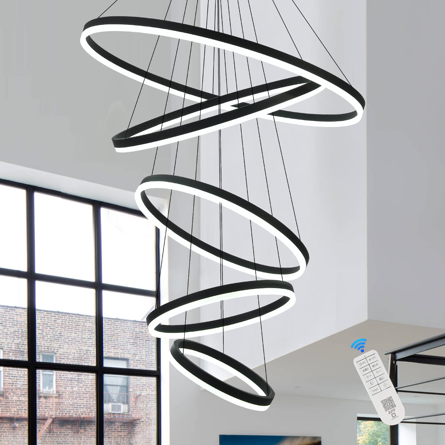 XGZL  LIGHTING 5-Rings Modern LED Chandelier Black Dimmable Chandeliers for Dining Room, High Ceiling Chandelier with Remote Con