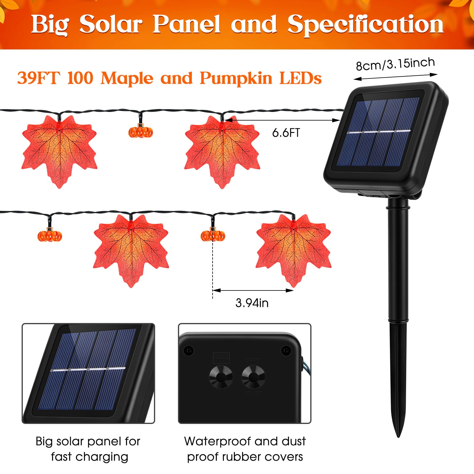 Fall Solar Lights Outdoor Decorative  39Ft Solar Fall Leaves Garland String Lights With 100 Leds And 8 Modes For Porch  Yard  Front Door  Patio  Outside Thanksgiving Harvest Autumn Decorations