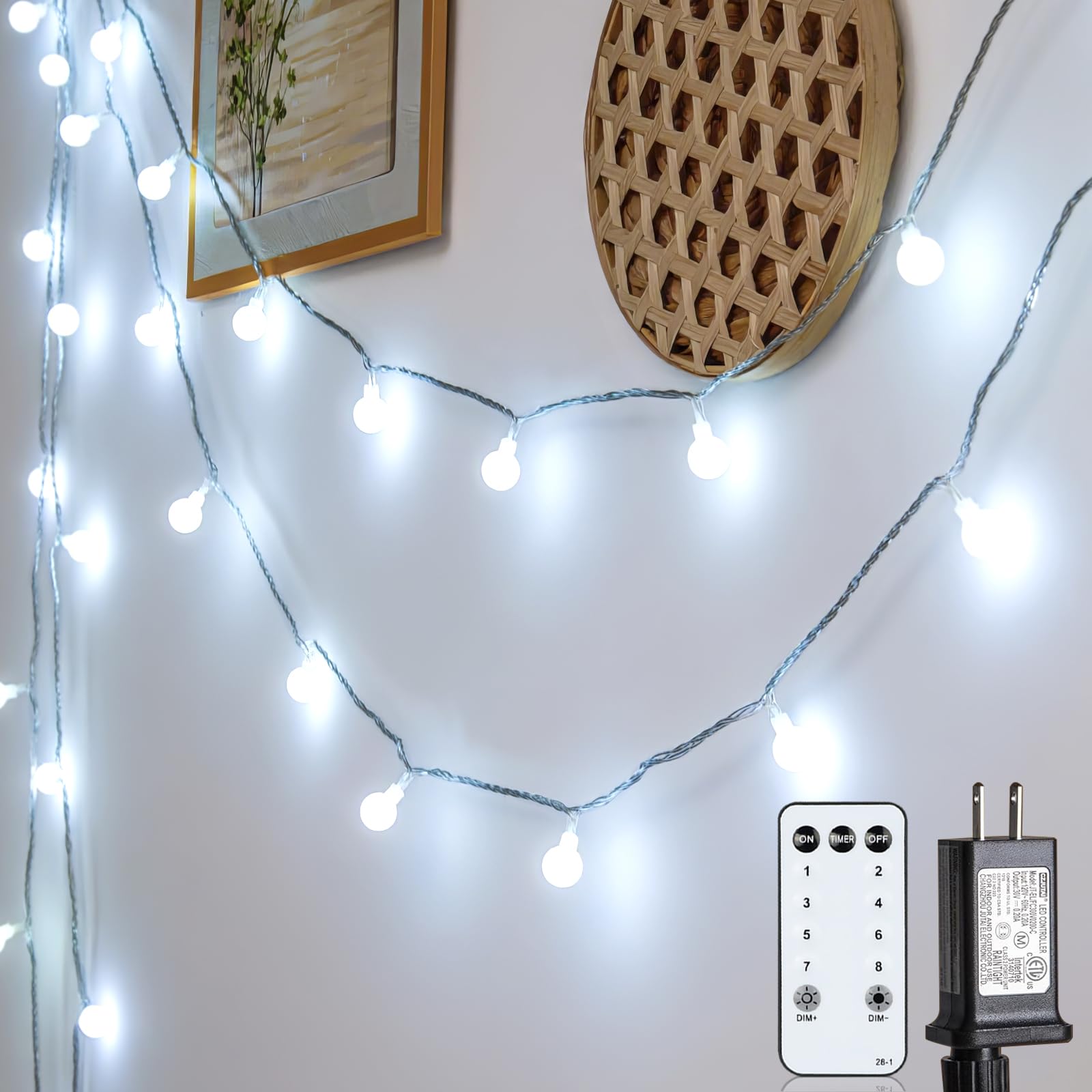 JOLYMOLY Globe String Lights 100 LED Fairy Lights 59ft Plug-in Cool White Model YG-BP03M400L01
