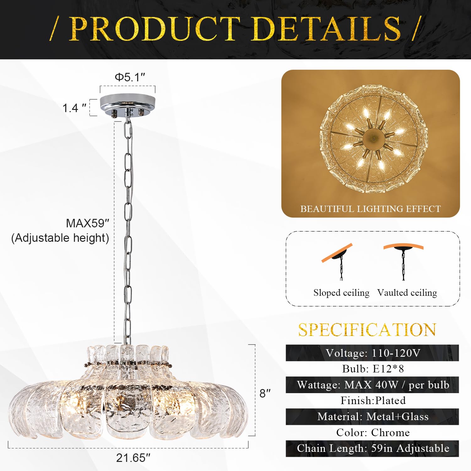 Poemoon Modern Chrome Glass Chandelier, 8-Light, 21.6" Water Ripple Design, Luxury Pendant Fixture for Living Room, Dining Room, Bedroom