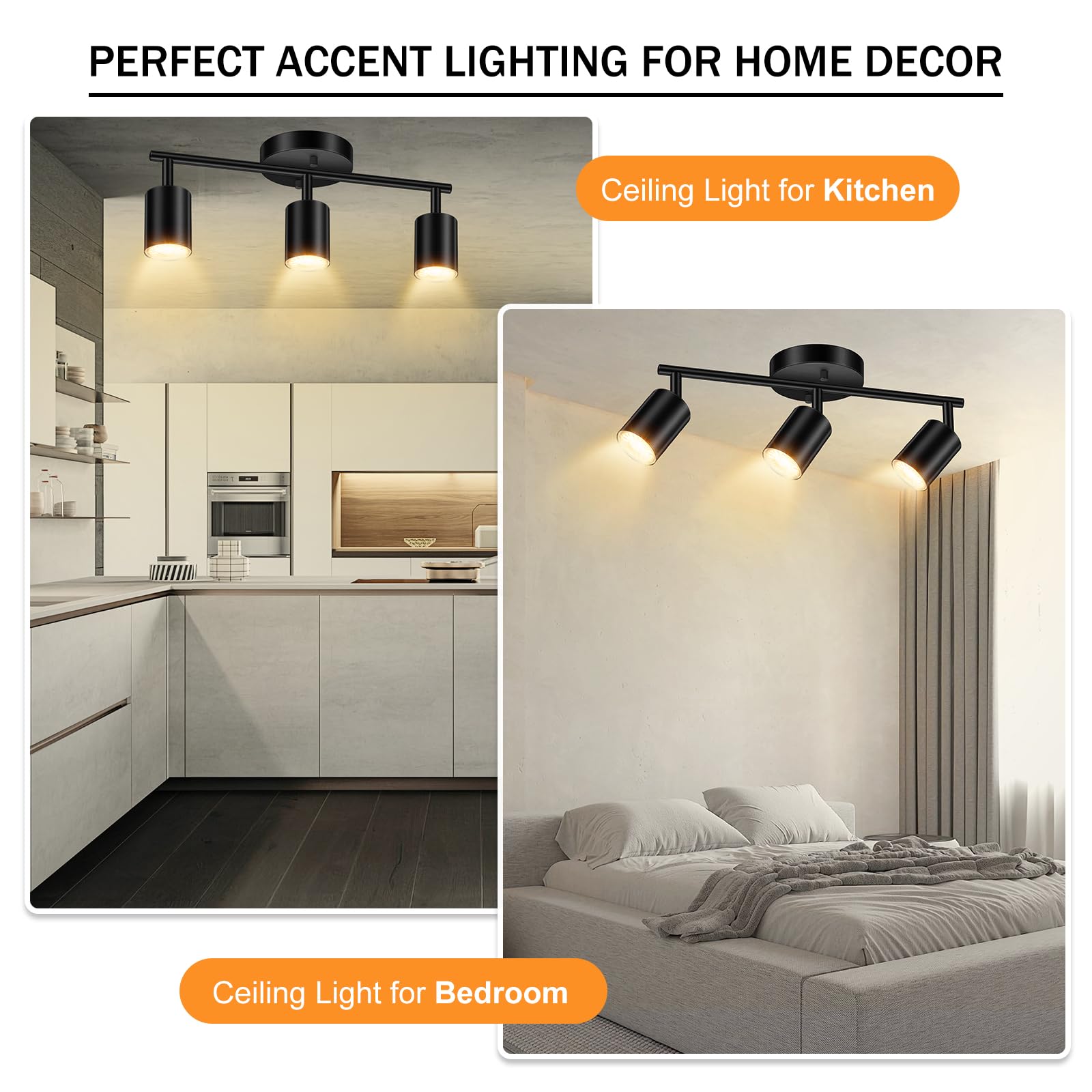 Led Track Lighting Fixtures Ceiling, Black 3-Light Track Lights For Kitchen, 3 Way Ceiling Spotlight, Flexibly Rotatable Wall Mo