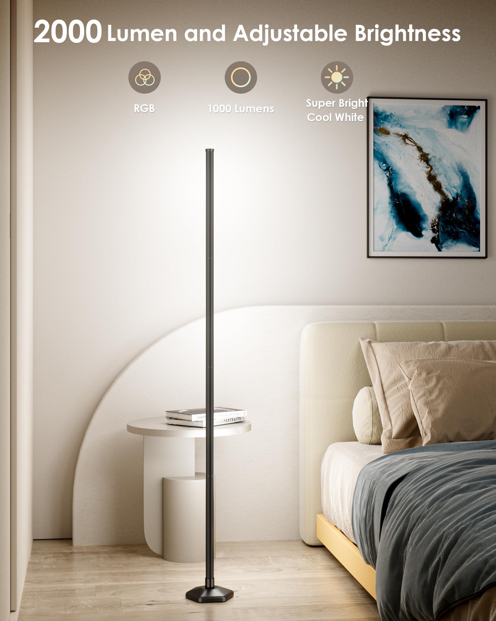 Yikbik Rgb+W Corner Floor Lamp, 65'' Color Changing 24V Led Floor Lamp With Cool White Bluetooth App Remote Control Music Sync M