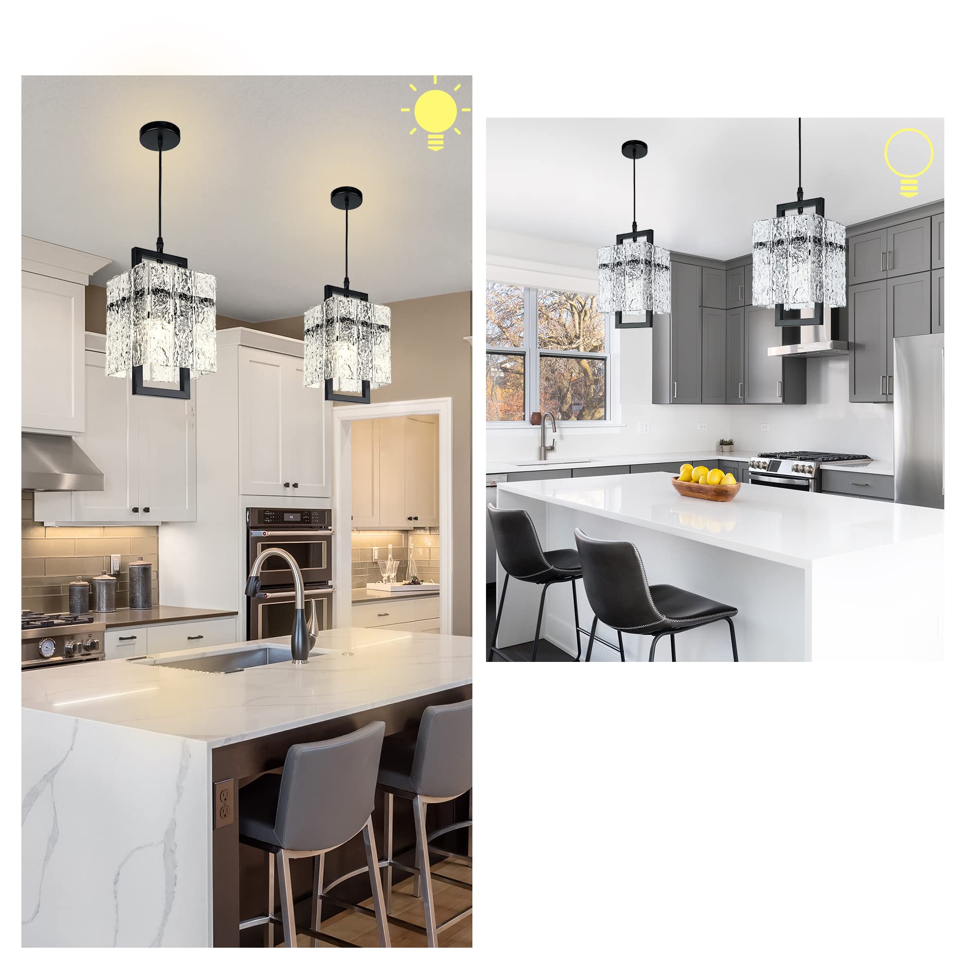 Black Crystal Pendant Light For Kitchen Island, Luxury Water Ripple Glass Chandelier Lights Fixture, Modern Elegant Adjustable P