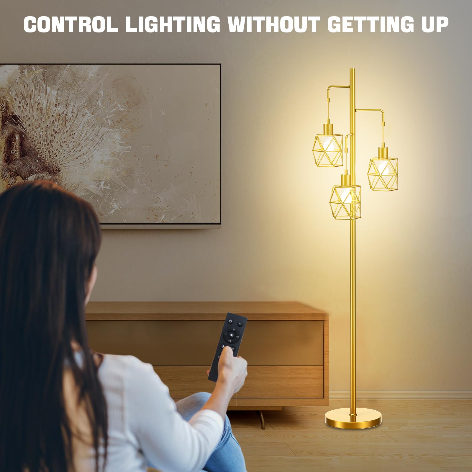 Dimmable Industrial Floor Lamp - 3  9W/800Lm Bulbs Included And 4 Working Modes Led Gold Floor Lamp, Bright Tree Floor Lamps Tal