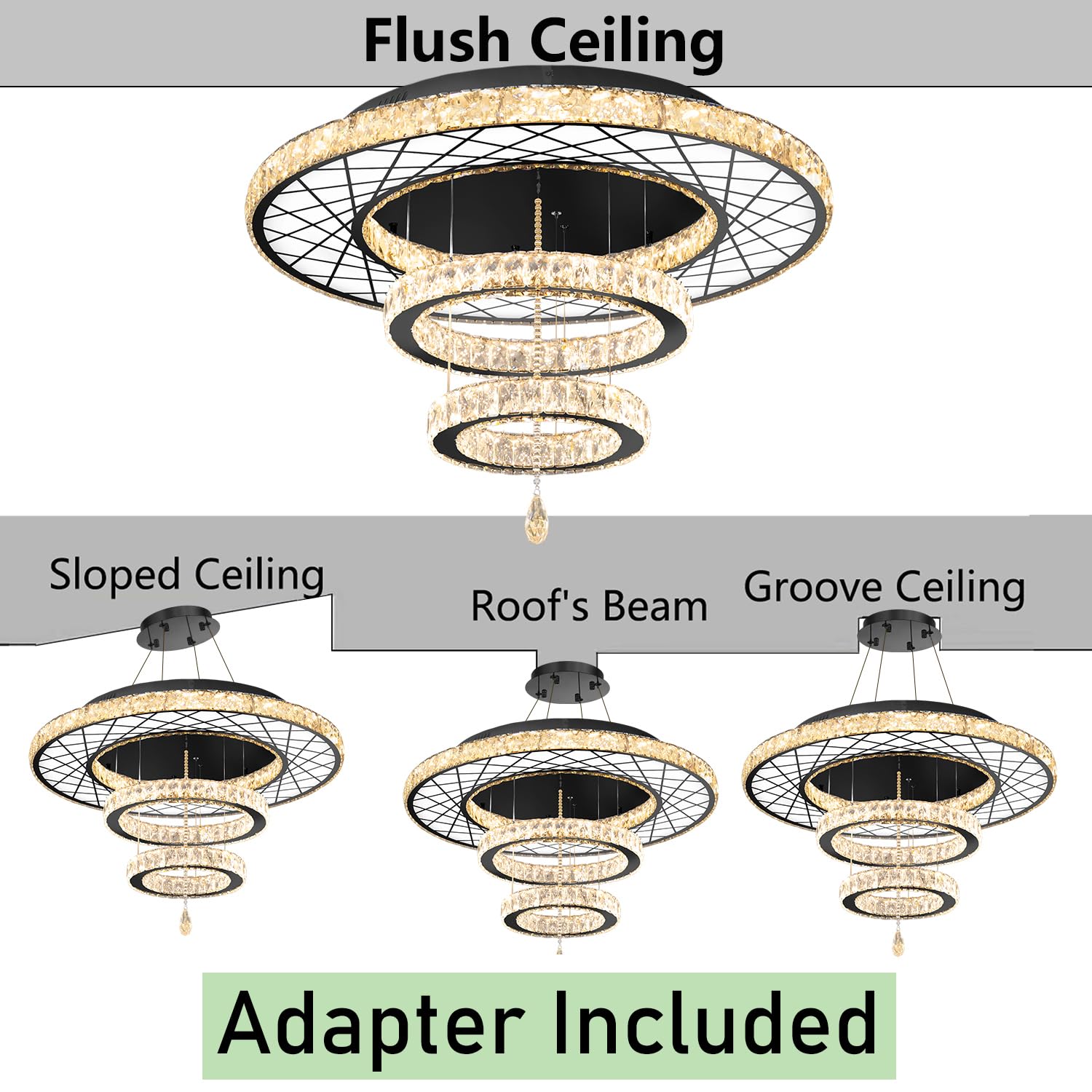HAIXIANG Crystal Glam Chandelier LED Ceiling Light, 40 Inch, Black, Remote Dimmable, Model MMQ3831