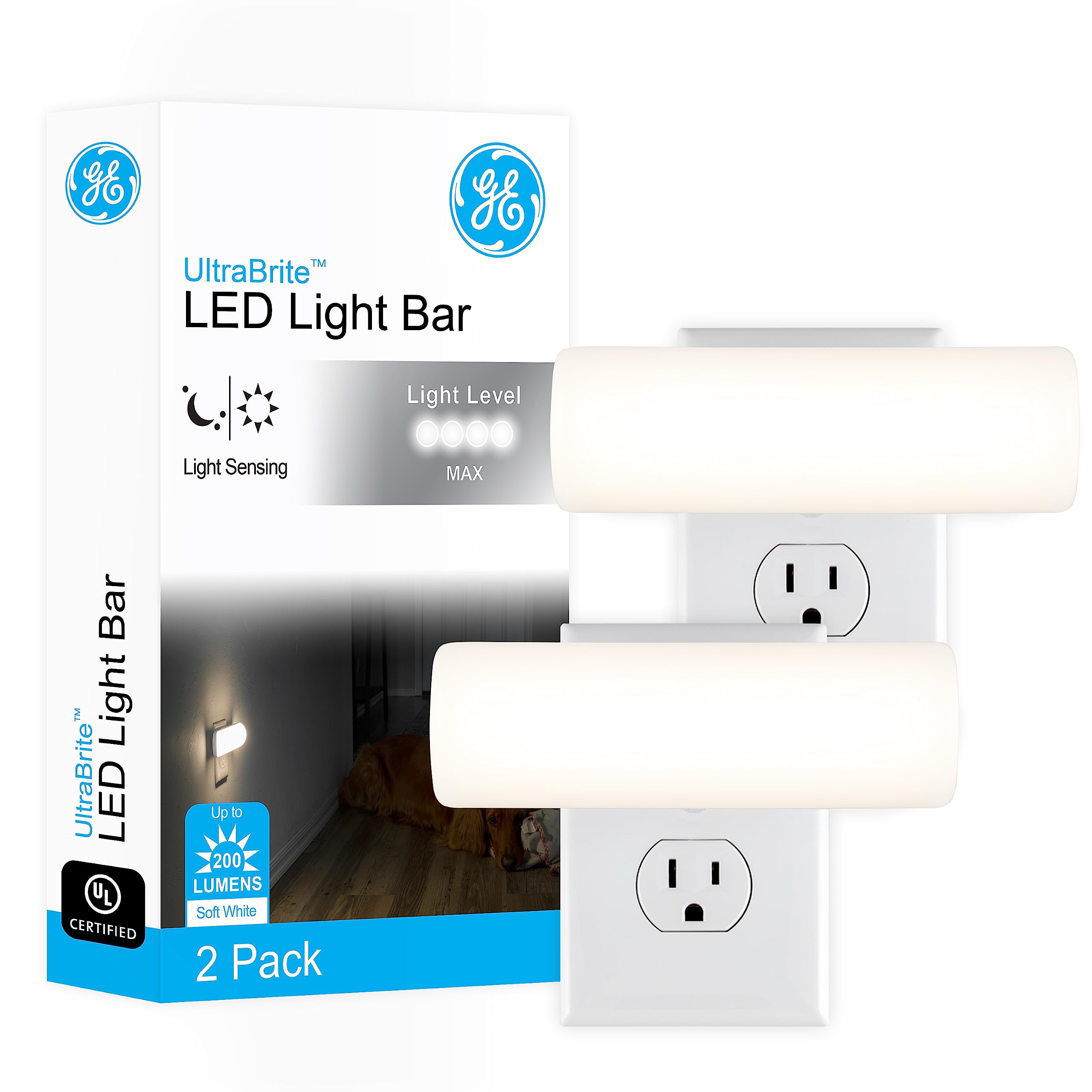GE home electrical Ultrabrite LED Light Bar  200 Lumens  High/Low/Off Switch  Plug-in  Night Light  Ideal for Dark Spaces  Bedroom  Bathroom  Kitchen  Hallway  Garage  Basement White  52261  2 Pack-New