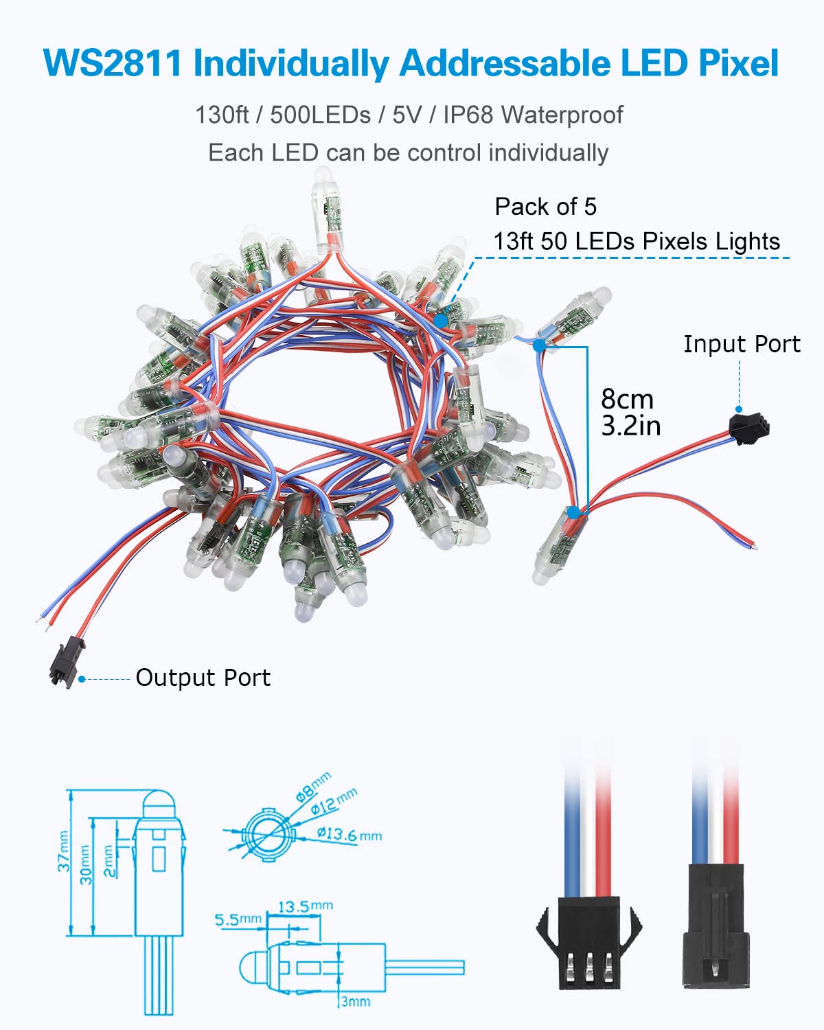 Alitove 500Pcs Ws2811 12Mm Diffused Dream Color Rgb Led Pixels Light Individually Addressable Pixels Outdoor Ip68 Waterproof Dc