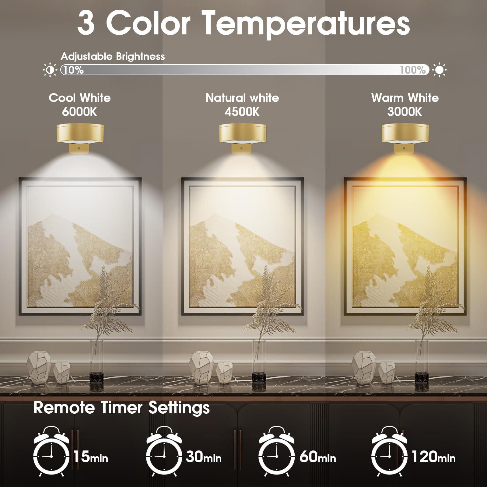 SIXDEFLY Picture Lights, Battery Operated LED Art Display Light, 3 Lighting Modes, Remote Control, 6 Pack, Gold