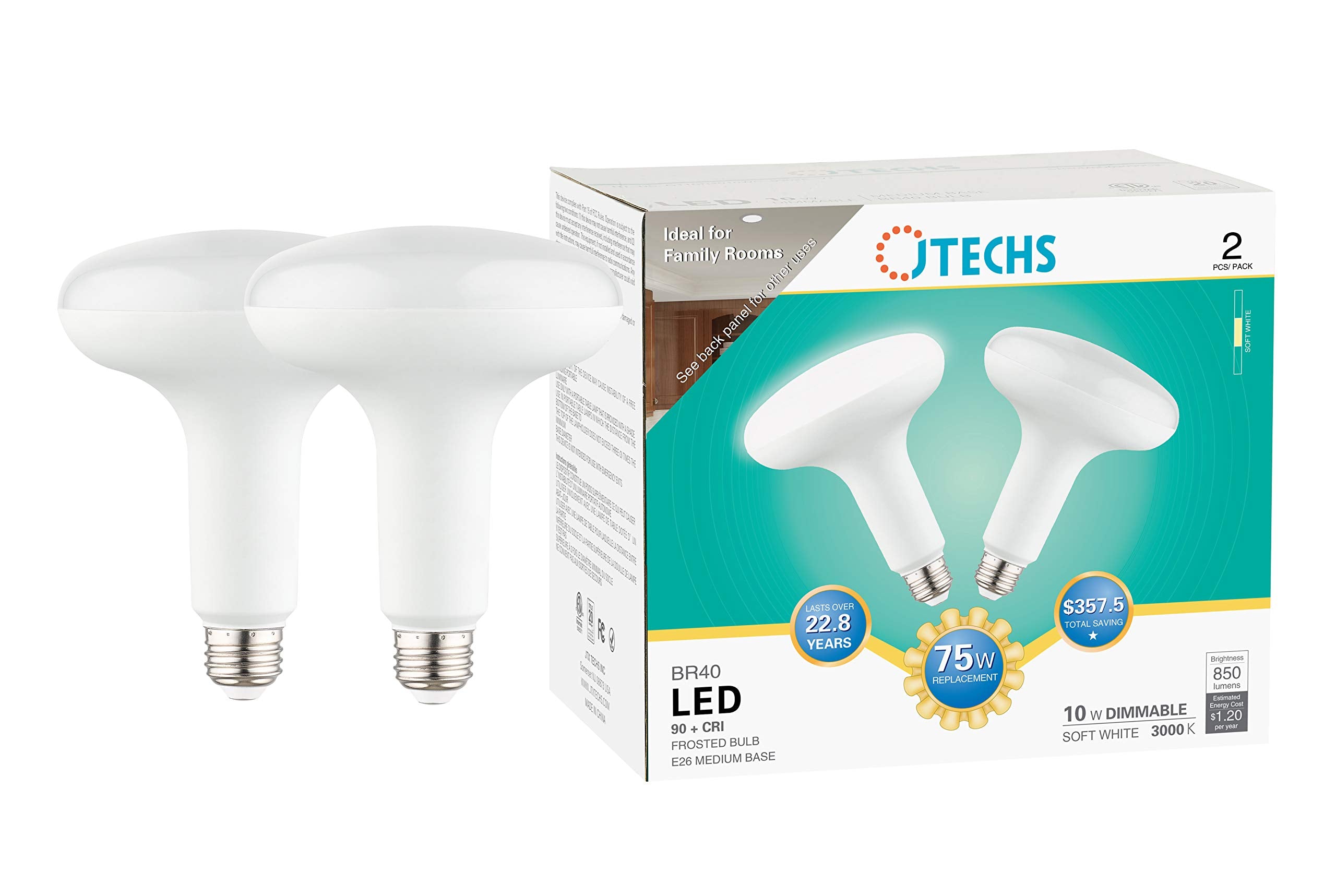 JTECHS Bulbs, LED, 24pk (12-2pks), 75W, Soft White 3000K, Dimmable, BR40, E26 Medium Base, Frosted Bulb