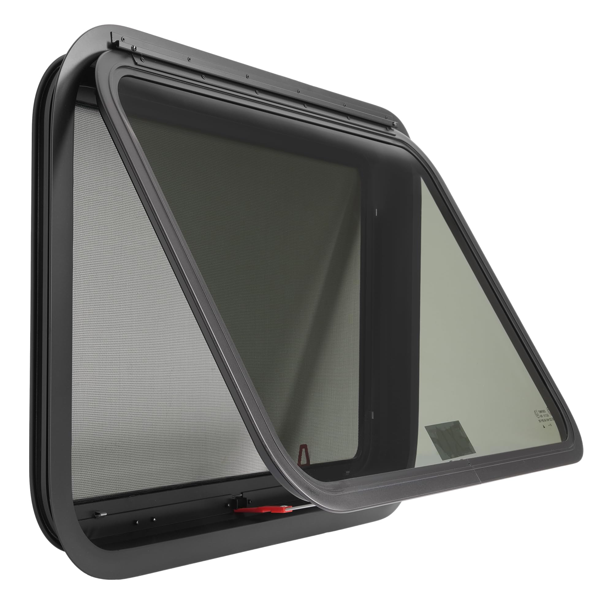 WUTIST RV Exit Window Push Out with Screen & Trim Ring, 30inW x 20inH, Dark Aluminium Tempered Glass, Black Frame & Mesh Screen, Model GO-5158