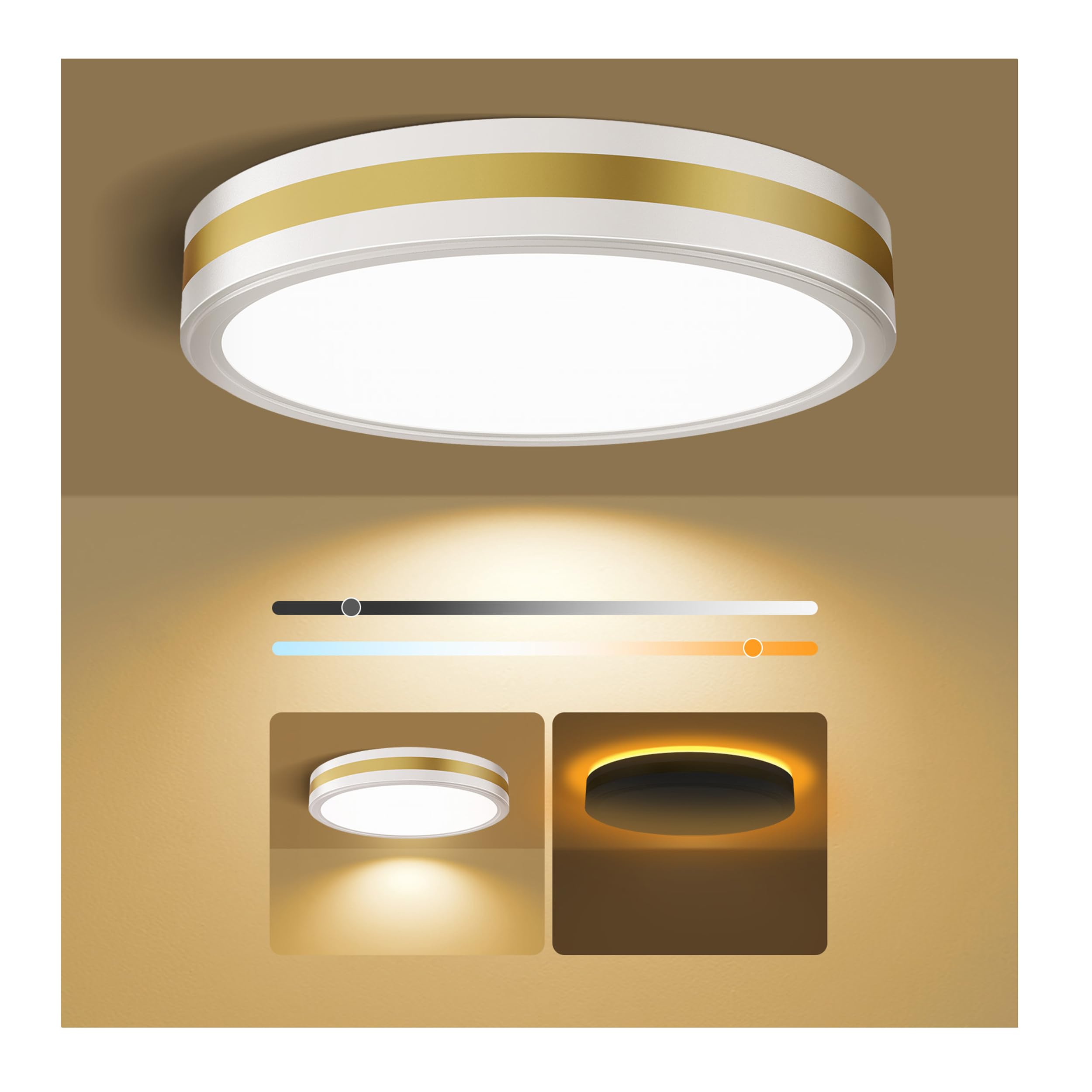 15 Inch Flush Mount Modern White Gold LED Ceiling Light with Night Light, 5CCT 35W 3500LM 2700K-6500K Adjustable, Dimmable Light