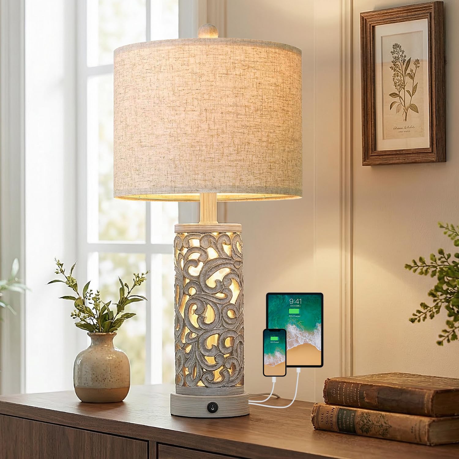 OYEARS 22 Farmhouse Table Lamp for Living Room, Bedside Lamp with 2 USB Ports for Bedroom, Rustic Nightstand Lamp with Linen L