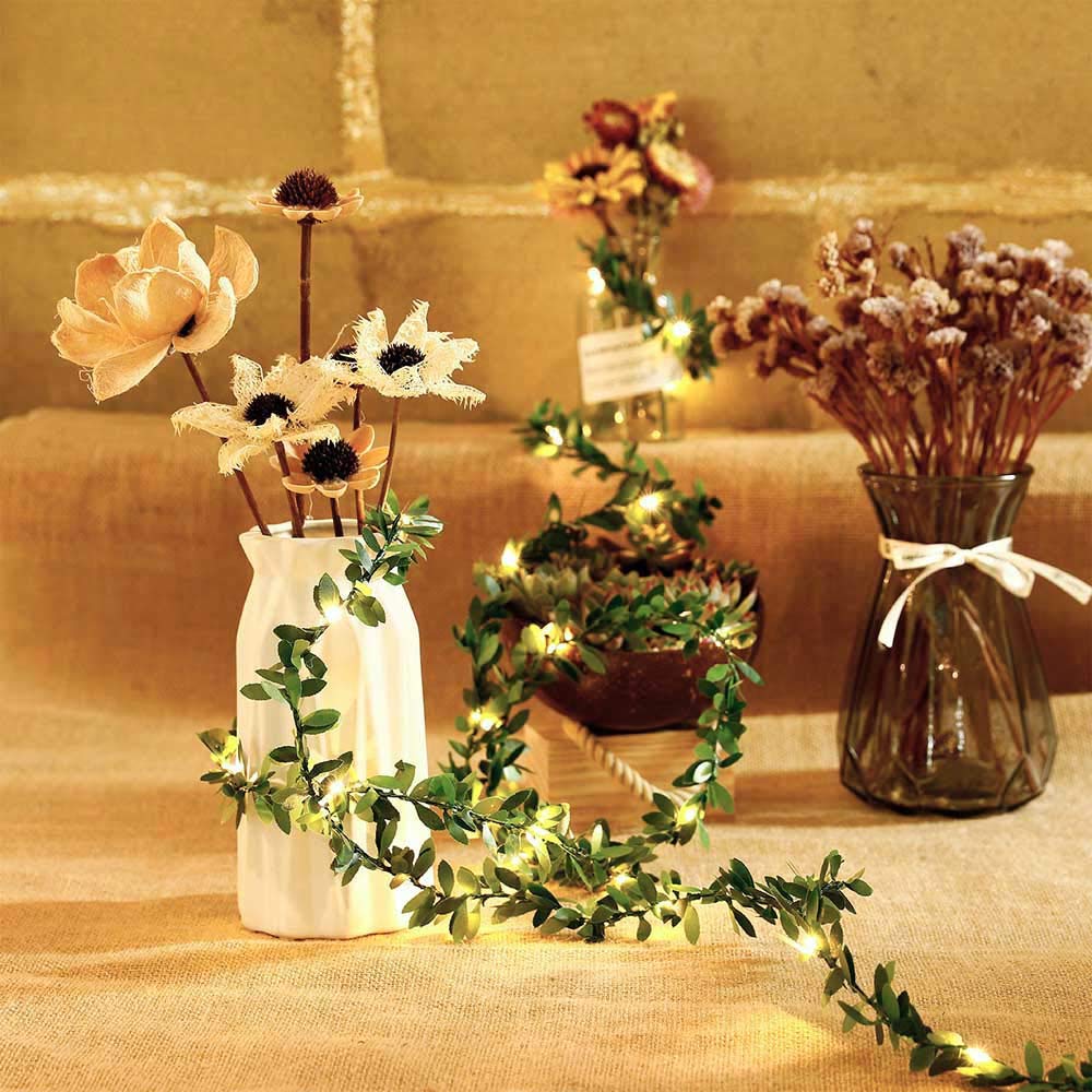 Kitstar 20Leds Tiny Leaf Garland Warm White Vine String Light Timer Function Wedding Party Christmas Holiday Patio Decoration 6.6Ft, Battery Operated, Indoor, Ul588 Approved