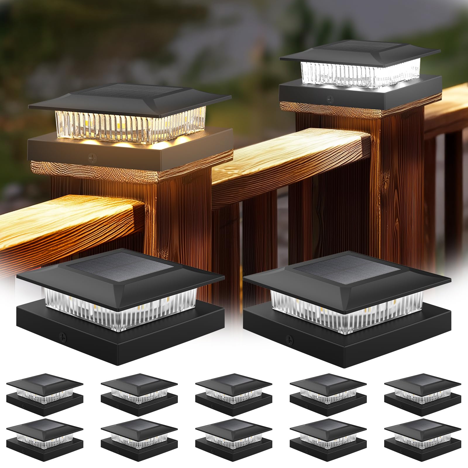 4x4 Solar Post Cap Lights 12 Pack  Fence Post Solar Lights with Warm White/Cool White  Only Fit 4x4 Wood/Vinyl Posts  Waterproof Outdoor Deck Post Light for Deck  Fence  Porch(Black)