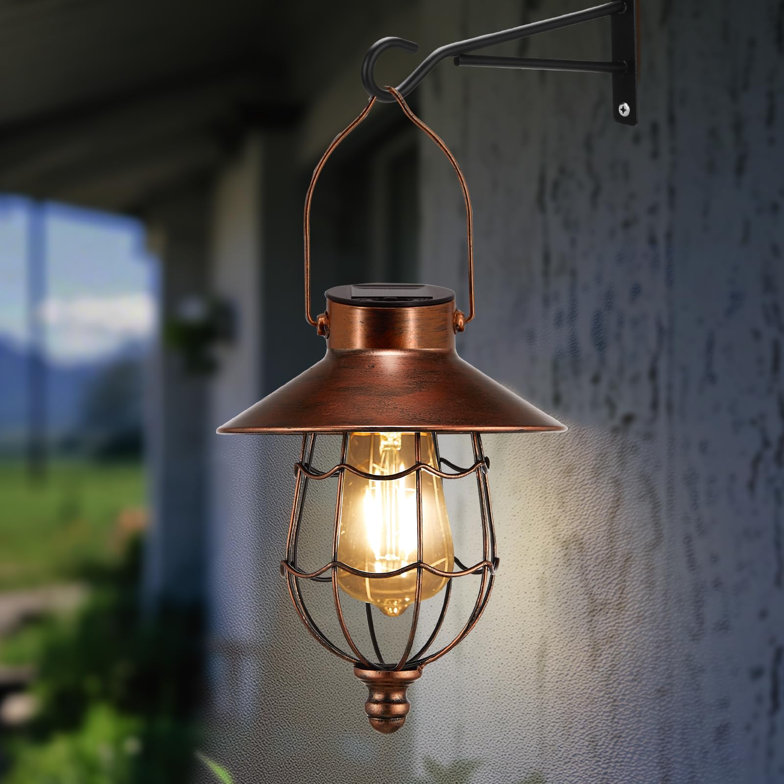 Pearlstar Solar Lantern - Outdoor Hanging Vintage Metal Light, Warm White Edison Bulb, Waterproof, Copper, Model 176