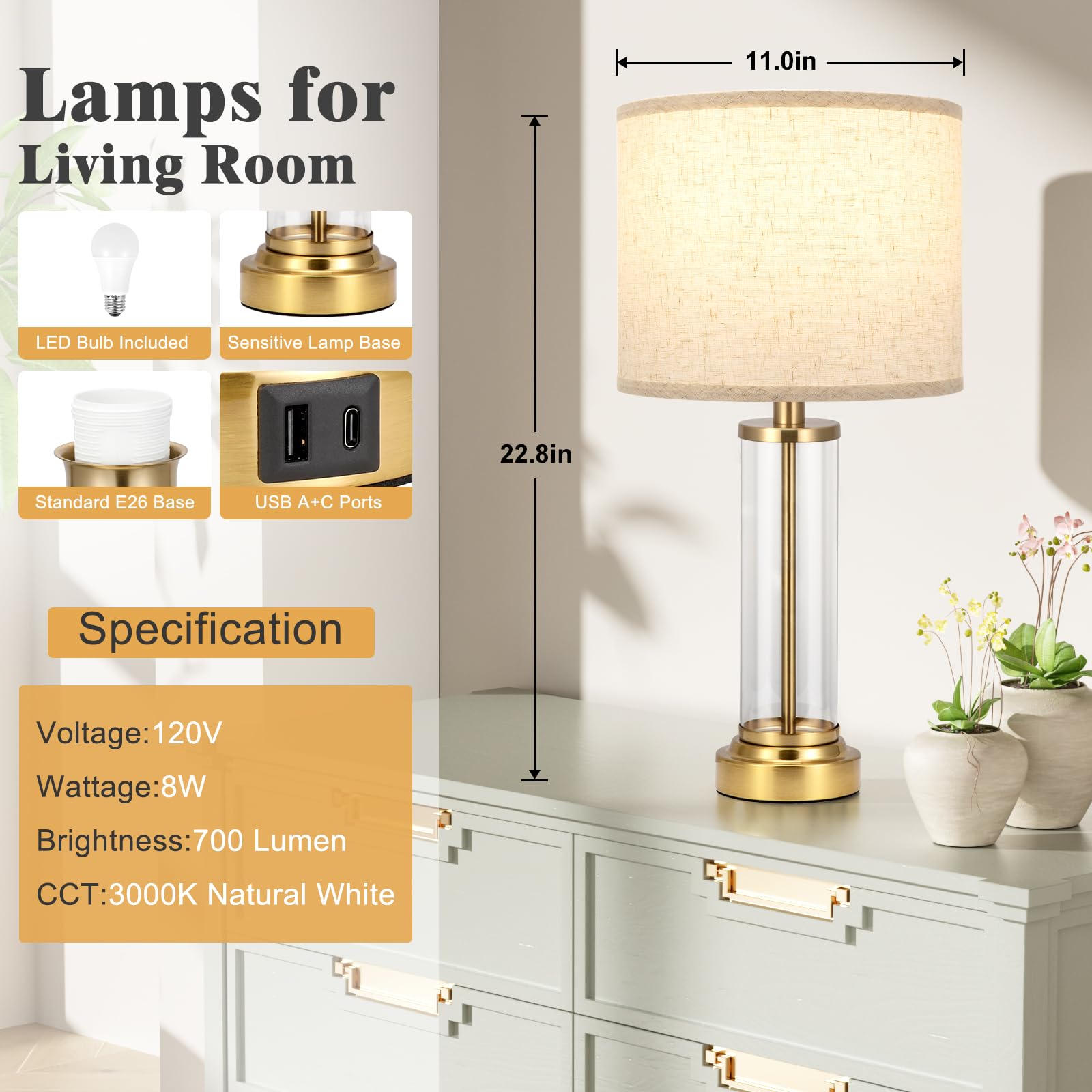 Beige Gold Bedroom Lamps Set Of 2 - Touch Bedside Lamp For Night Stands With Usb C+A, 3 Way Dimmable Nightstand Table Lamps For
