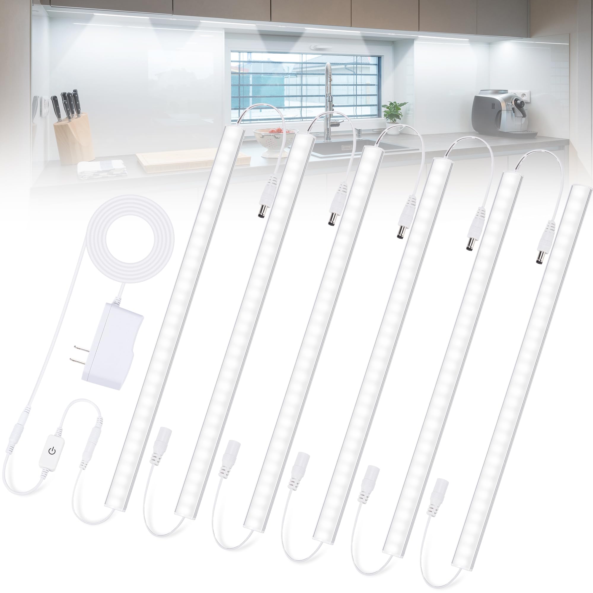 6PCS x 12 Inch Under Cabinet Lights Plug-in, Dimmable LED Under Cabinet Lighting, Cold White 6000K Under-Counter Light Fixtures 