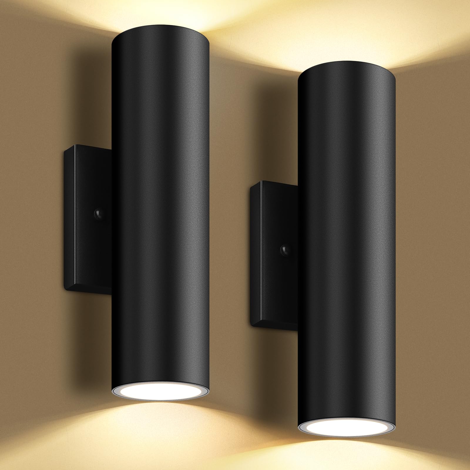Gobright Outdoor Wall Lights 12W 3000K Led Cylinder Sconce, 1200Lm Waterproof, 2-Pack Black