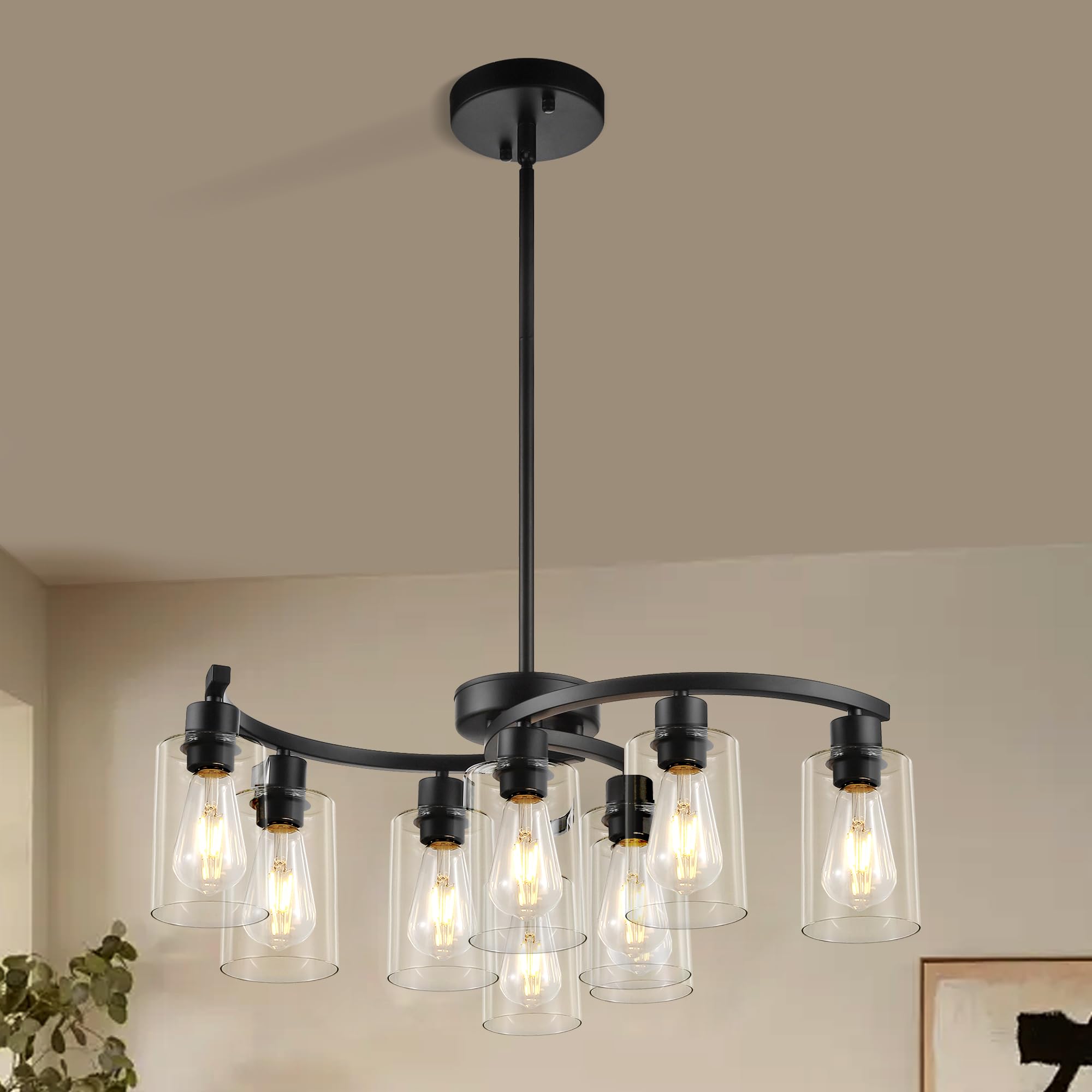 Sigaitwei 9-Light Black Farmhouse Chandelier, 29.5" Metal Pendant Light Fixture with Clear Glass Shades