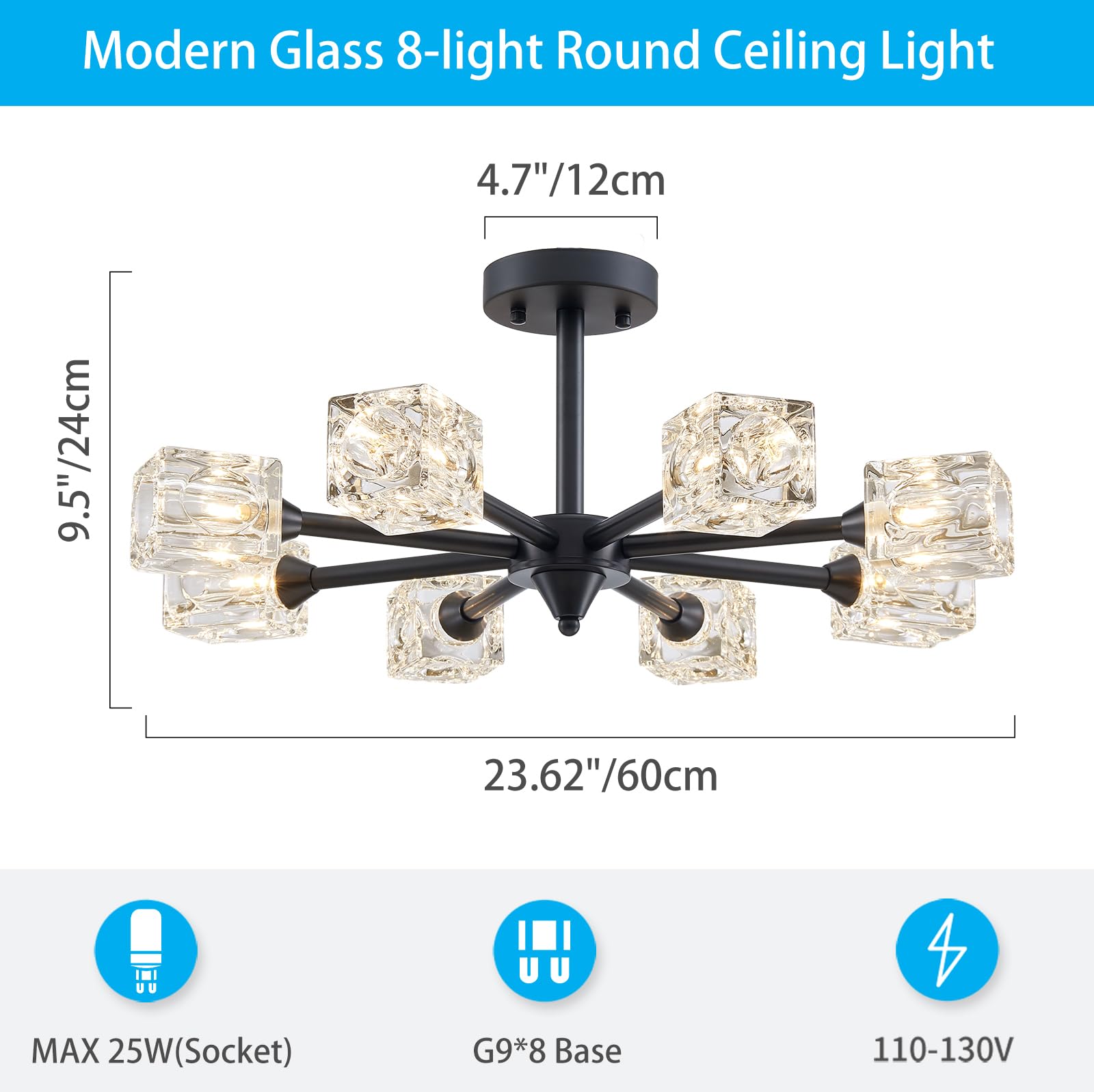 Xingqi Modern Black Chandelier Glass Ceiling Light Fixture 23'' Farmhouse Sputnik Chandeliers 8-Light Semi Flush Mount Ceiling L