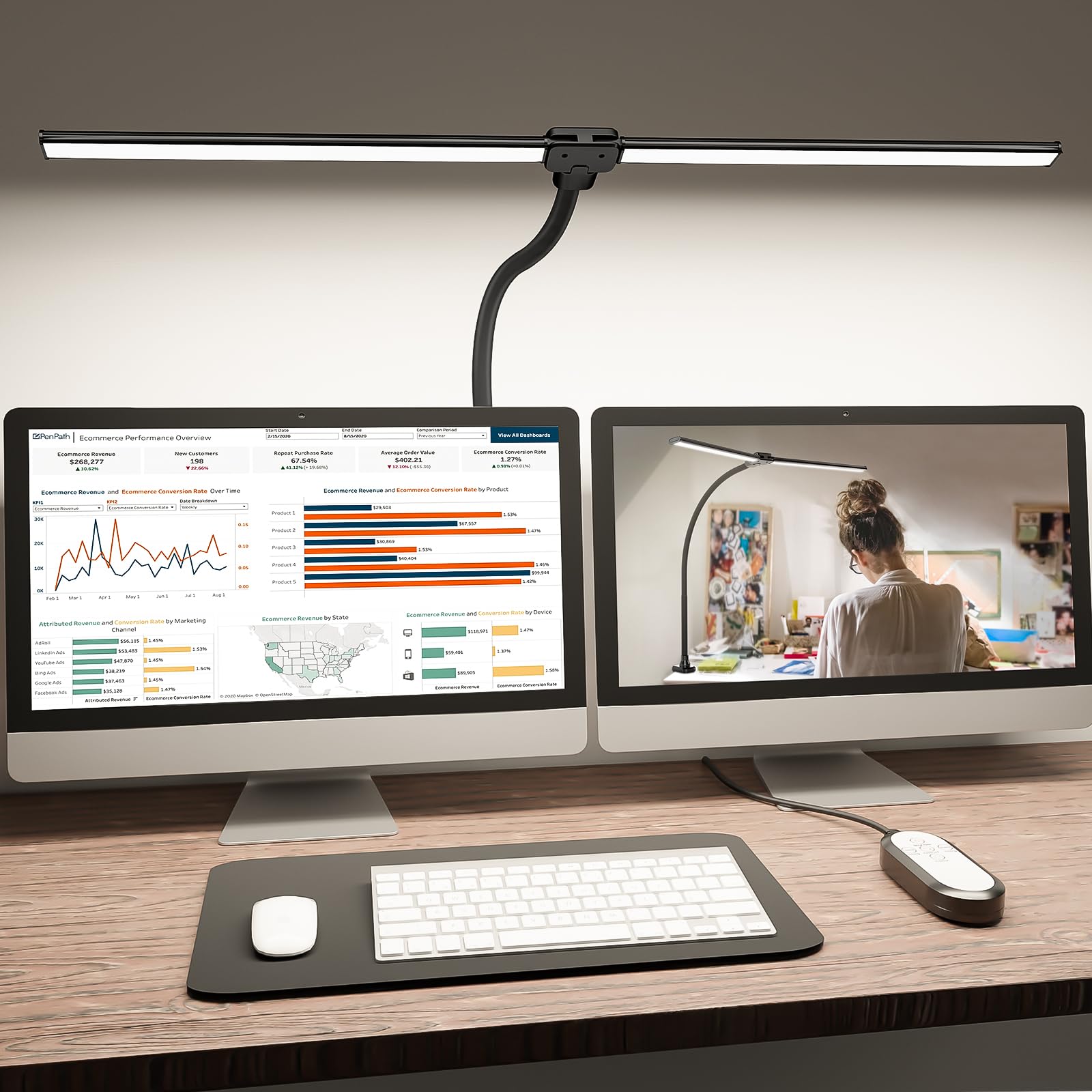 ShineTech LED Desk Lamp for Home Office, 4000K Neutral White Double Head Architect Task Lamps with Clamp, Dimmable Adjustable Fl