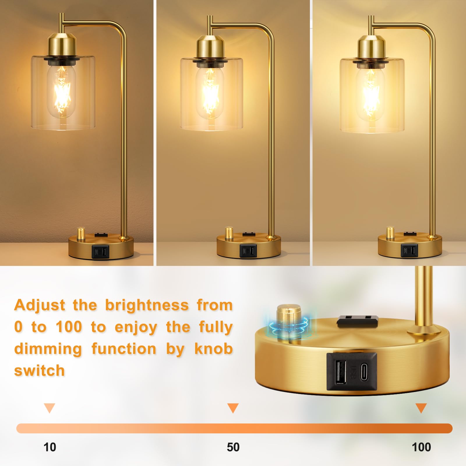 Innqoo Gold Table Lamp For Bedroom - Industrial Bedside Lamp With Usb Port And Outlet, Fully Dimmable Nightstand Lamp With Clear