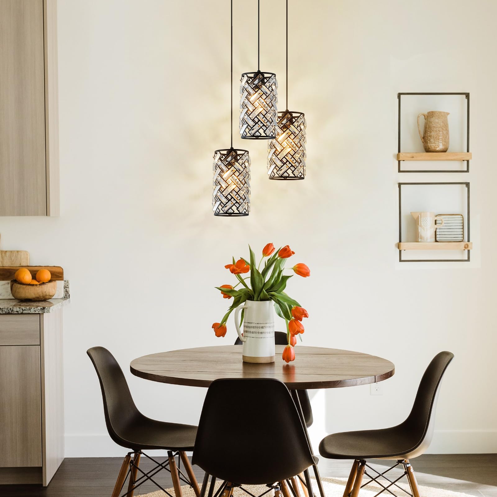 Catiner Modern Black Crystal Pendant Light Fixture, Mini Chandelier 3-Pack For Kitchen Island, Dining Room, Living Room, Hallway