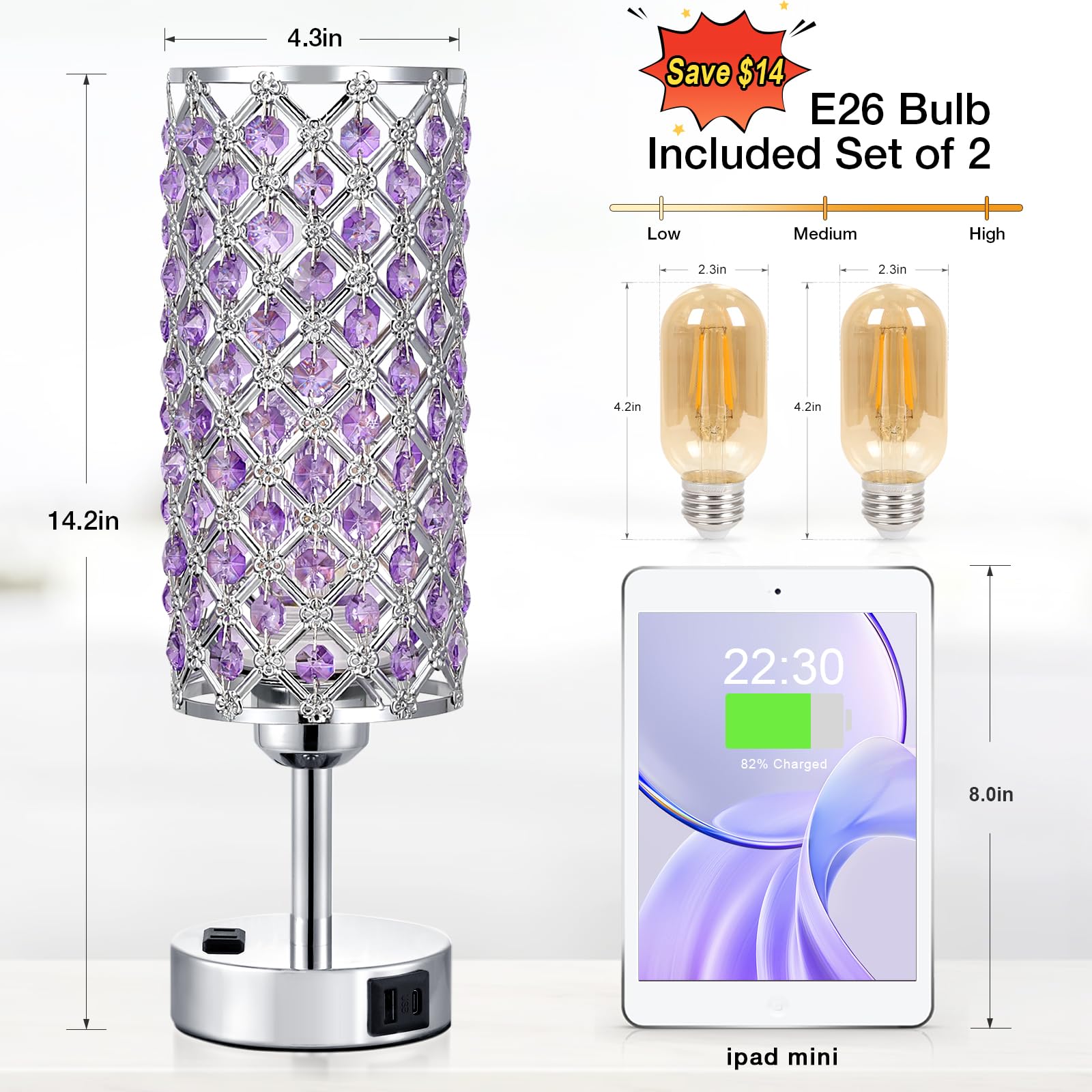 Hong-In Crystal Lamps Set Of 2, 3 Way Dimmable Touch Lamp With Crystal Shade, Bedside Nightstand Lamps For Living Room Bedroom H