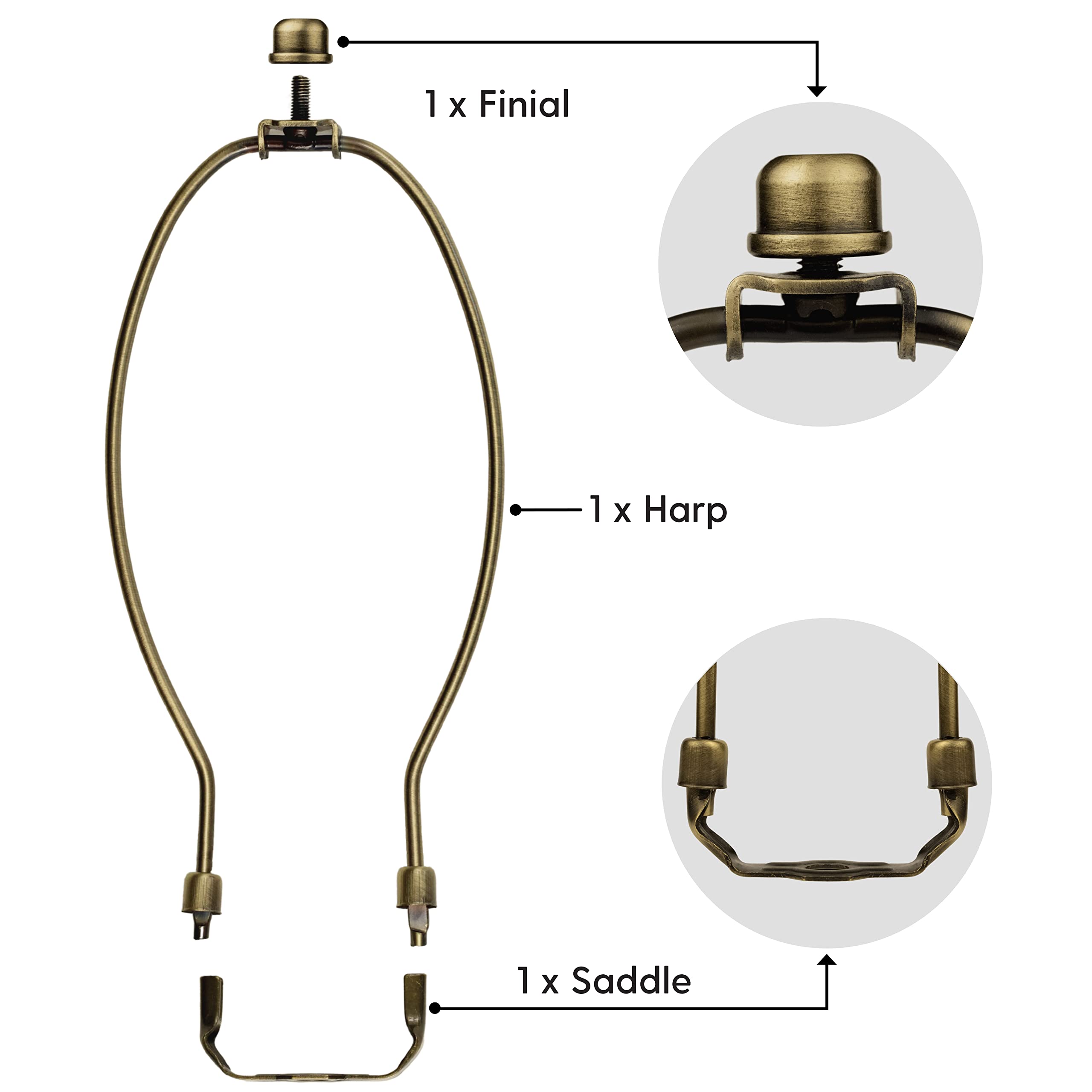 I Like That Lamp Complete Lamp Harp Set (1 Pack) - Antique Brass 9” Harp (Suitable For A 10" To 11" Lampshade) - Includes Harp, Saddle Holder Base & Finial - Harp Converter For Table And Floor Lamps