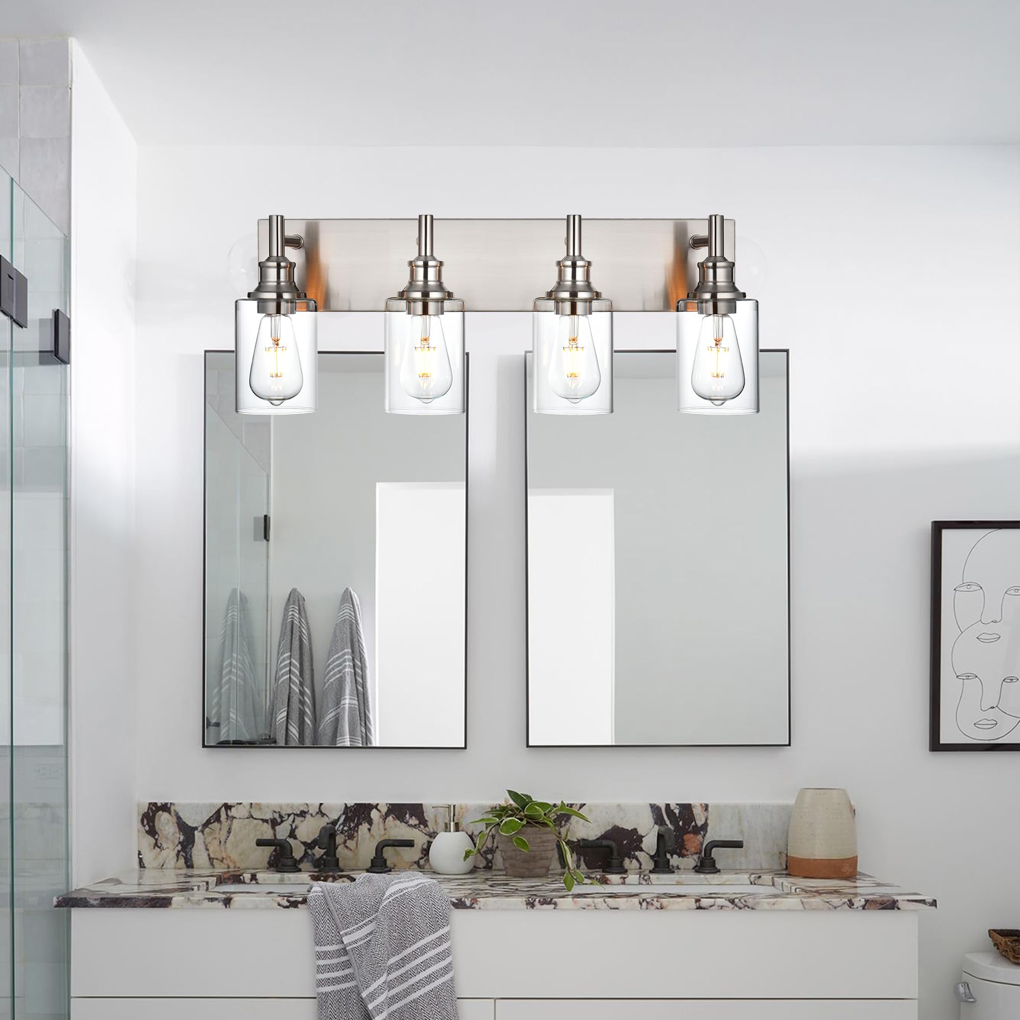 Wanluce 4 Light Bathroom Vanity Light - Brushed Nickel, Modern Farmhouse Wall Sconces With Clear Glass Shade