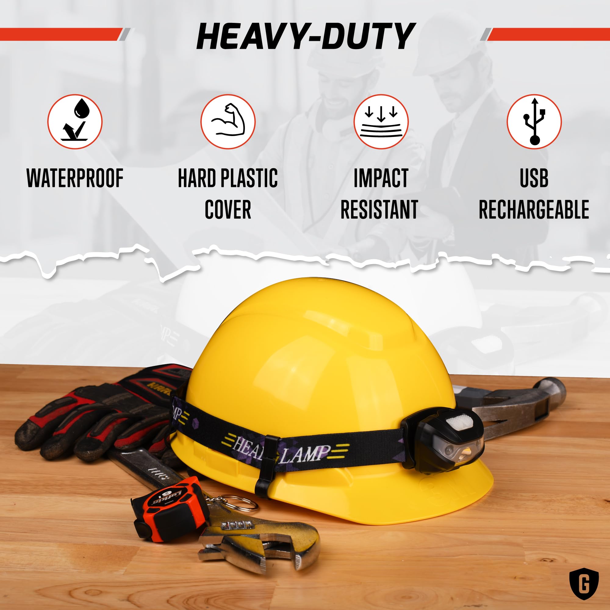 GREERRIDE Rechargeable Hard Hat Light - LED Headlamp for Hands-Free Use, Direct Mount, Black, Model GRXH8, Durable Plastic