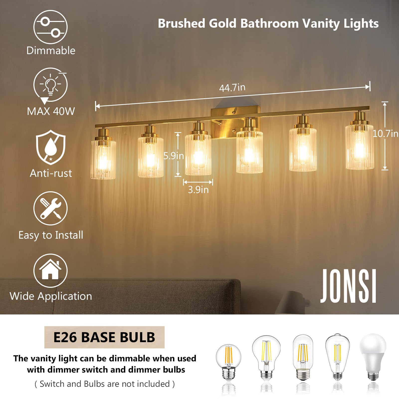 Jonsi 6-Light Brushed Gold Bathroom Vanity Light Fixture with Glass Shade, 44.7 Inch, E26 Wall Sconces for Bathroom, Living Room, Hallway
