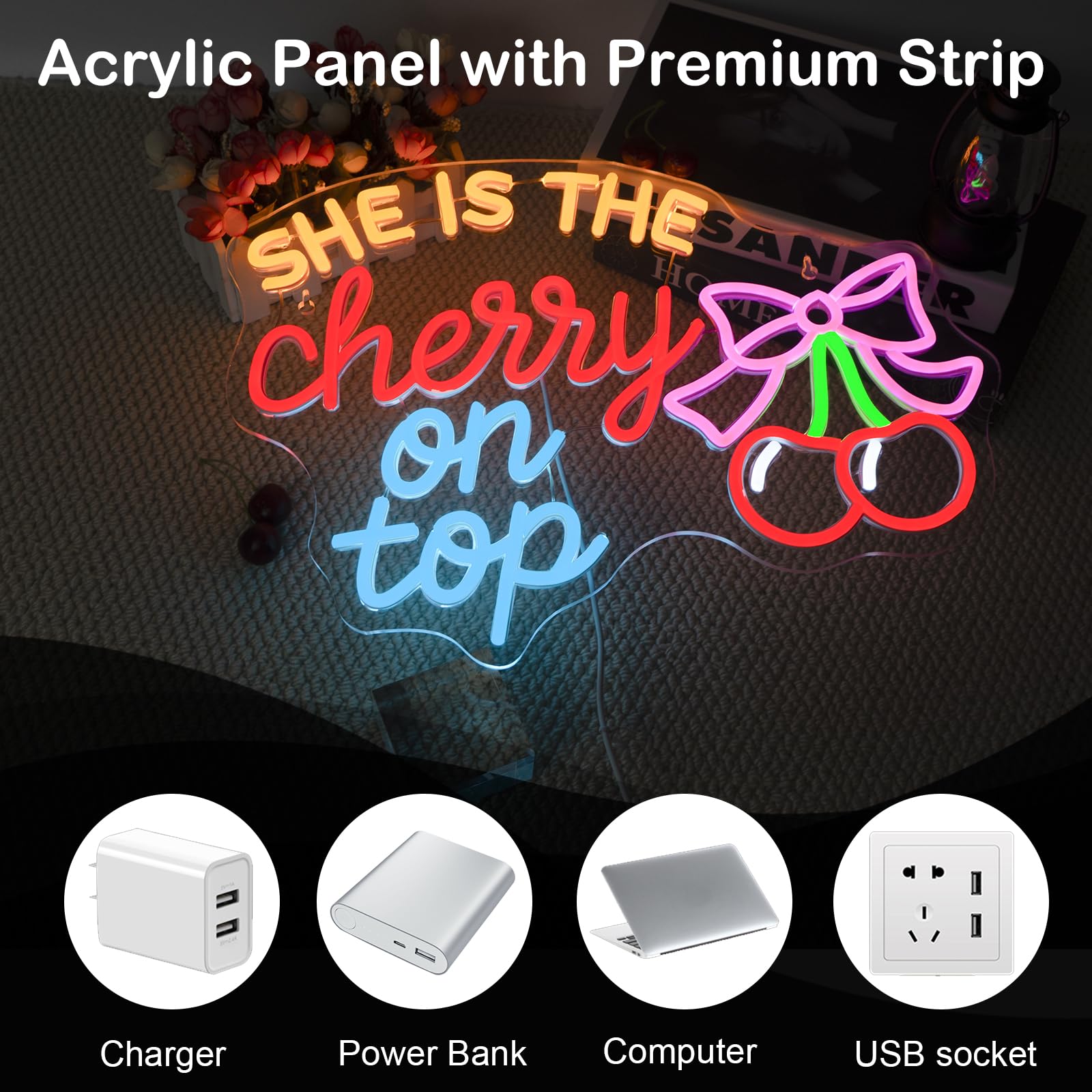 Cherry Neon Sign She Is The Cherry On Top Led Light For Cherries Decor Usb Powered Dimmable Pink Light Sign For Bedroom Bar Party Neon Cherry Led Gifts For Girls And Aesthetic Lovers