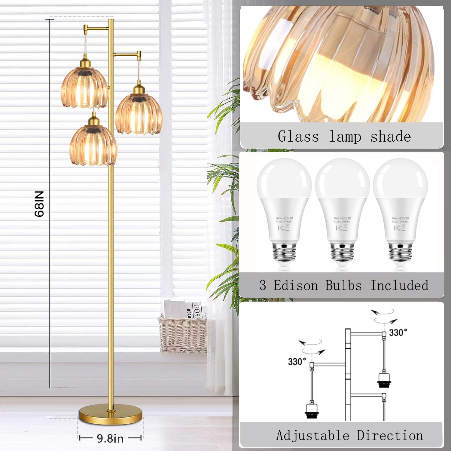 AHDWDW Gold Floor Lamp - 68" Mid Century Modern with 3 Flower Glass Shades, Vintage Iron Standing Lamp for Living Room or Bedroom