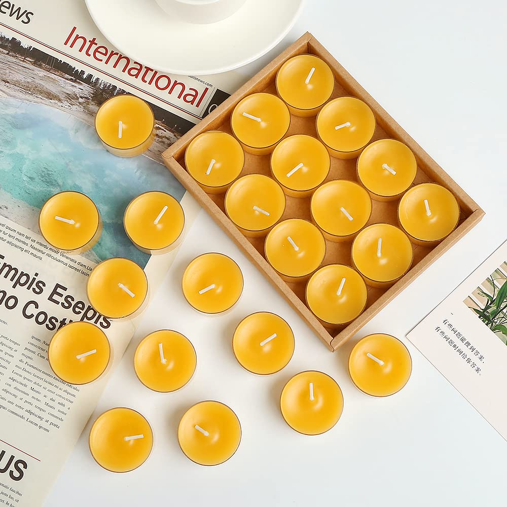 LJQizn Beeswax Tealight Candles, 24pcs Unscented, Handmade, Yellow, Perfect for Parties, Weddings, Home Decor