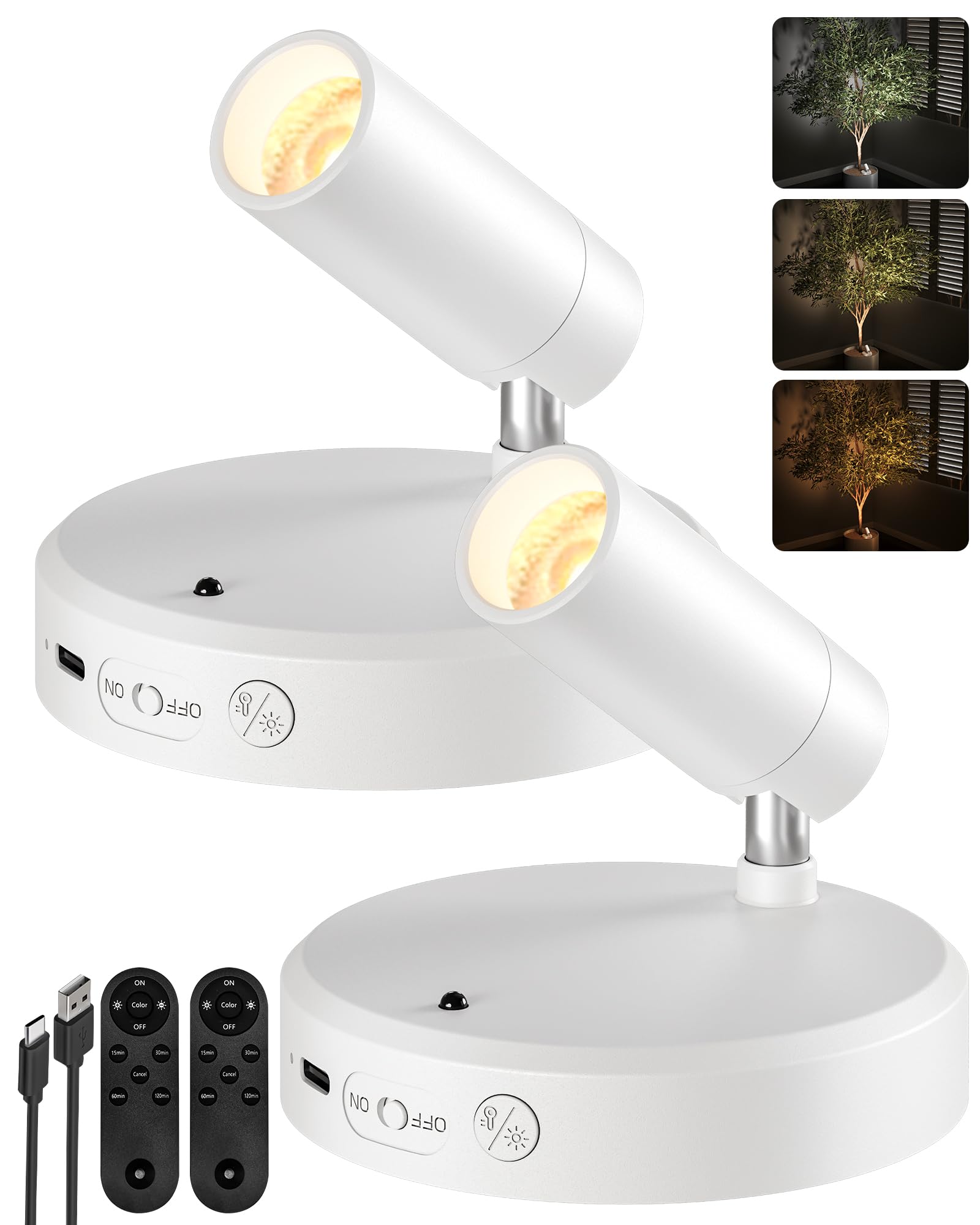 EZVALO Spot Lights Indoor 5500mAh Rechargeable Picture Lights with Remote Wireless Mini Art Accent Spot Lights with Timer&Dimmable  3CCT  Uplights Indoor for Plants Display Artwork(2Pack-White)