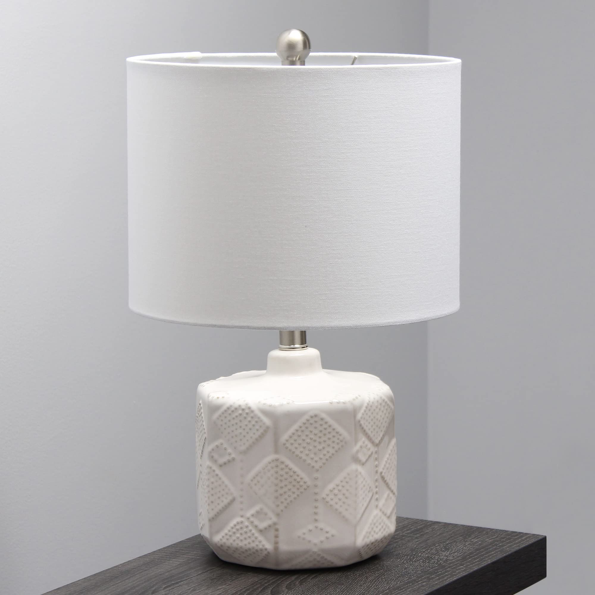 Elegant Designs Ceramic End Table Lamp, 19in Floral Textured, Off-White, Model LT2111-OFF, White Fabric Shade